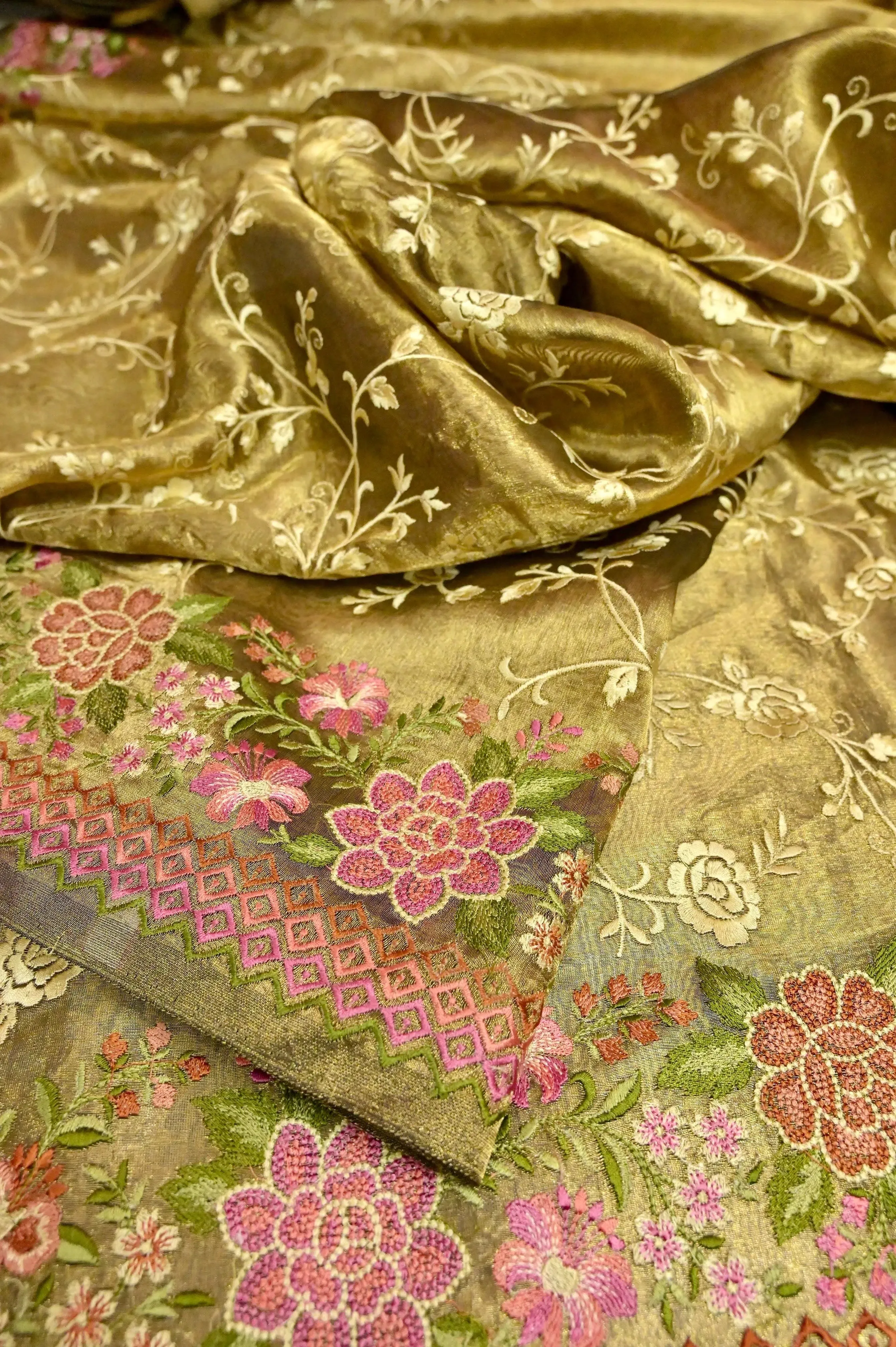 Golden and Mehendi Green Dual Tone Pure Tissue Silk Saree with Allover Jaal and Meenakari Border