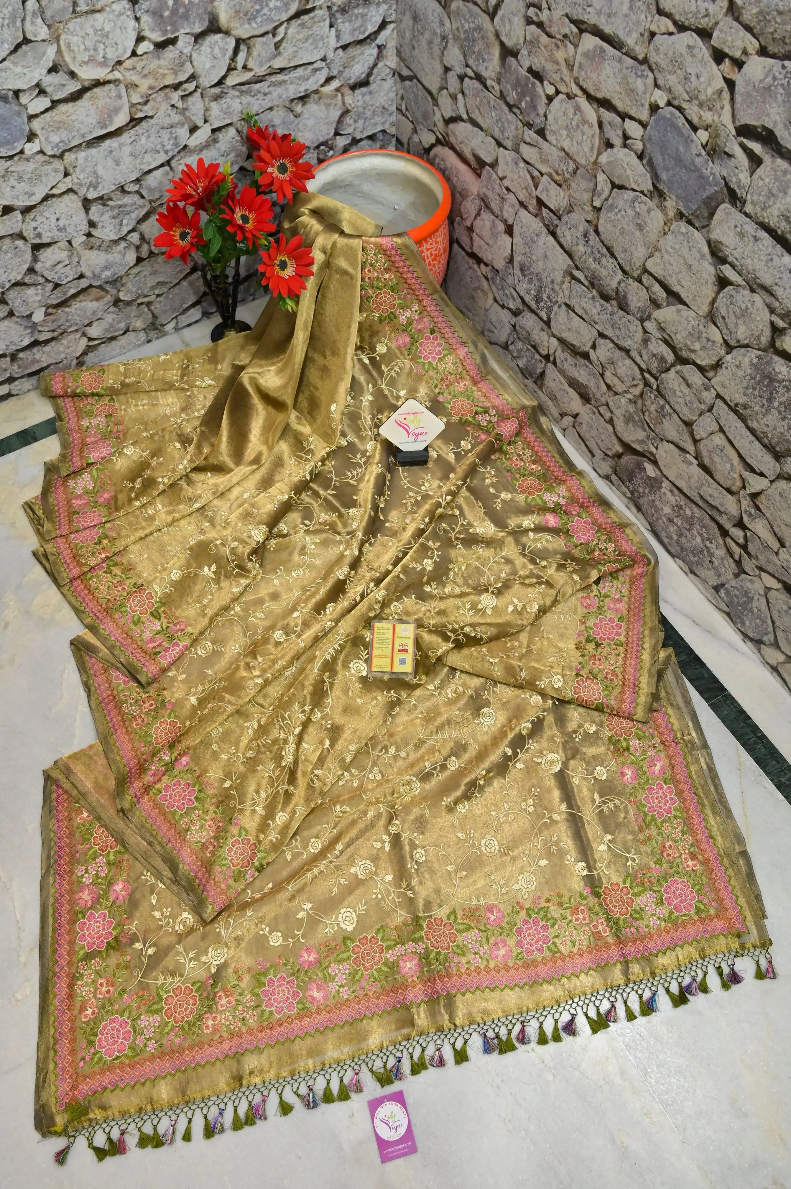 Golden and Mehendi Green Dual Tone Pure Tissue Silk Saree with Allover Jaal and Meenakari Border