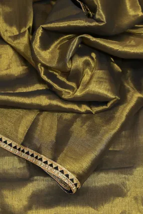 Golden Green Color Mulmul Cotton Tissue Saree with Designer Border