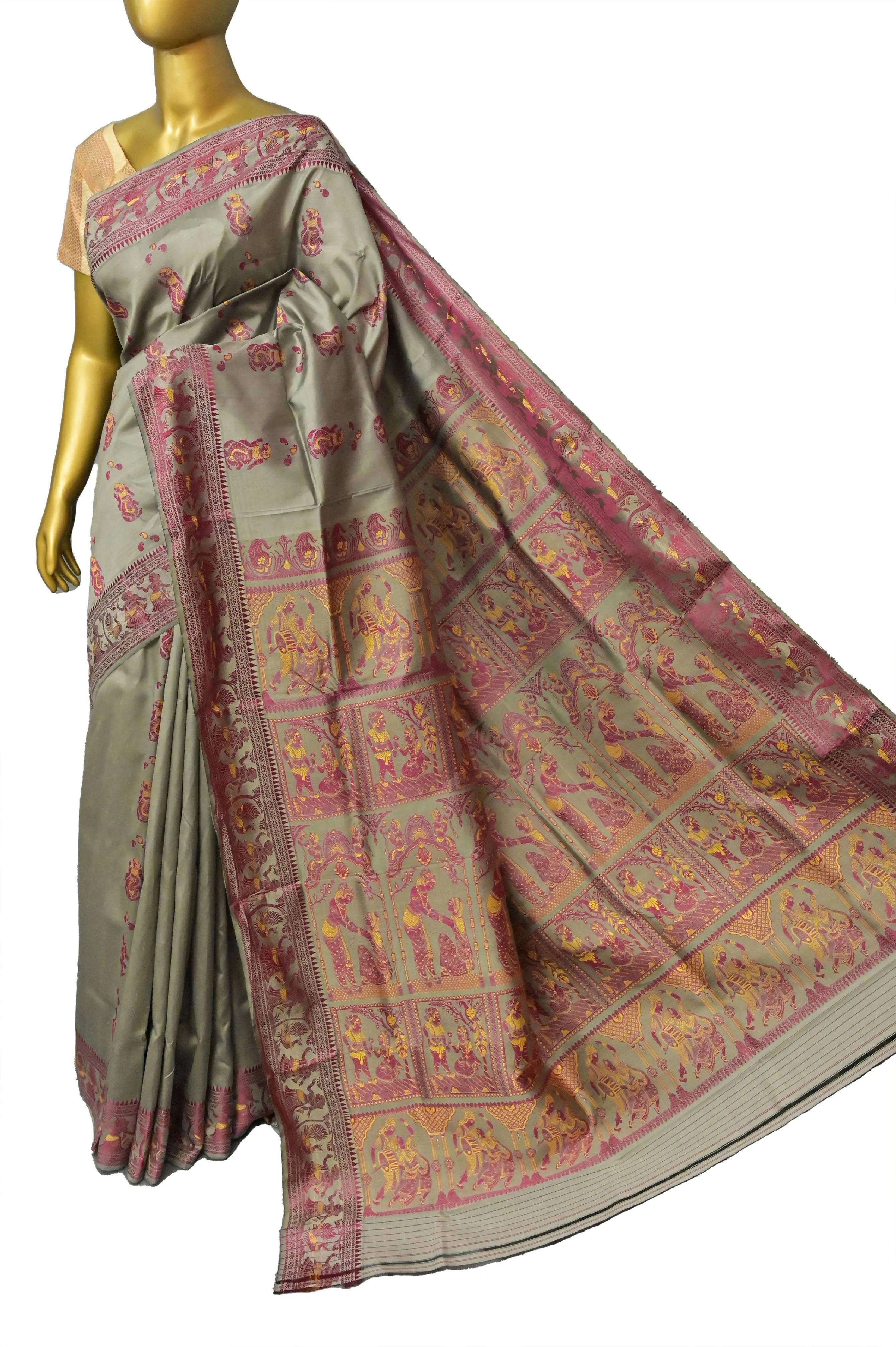 Grey and Magenta Color Pure Baluchari Silk Saree