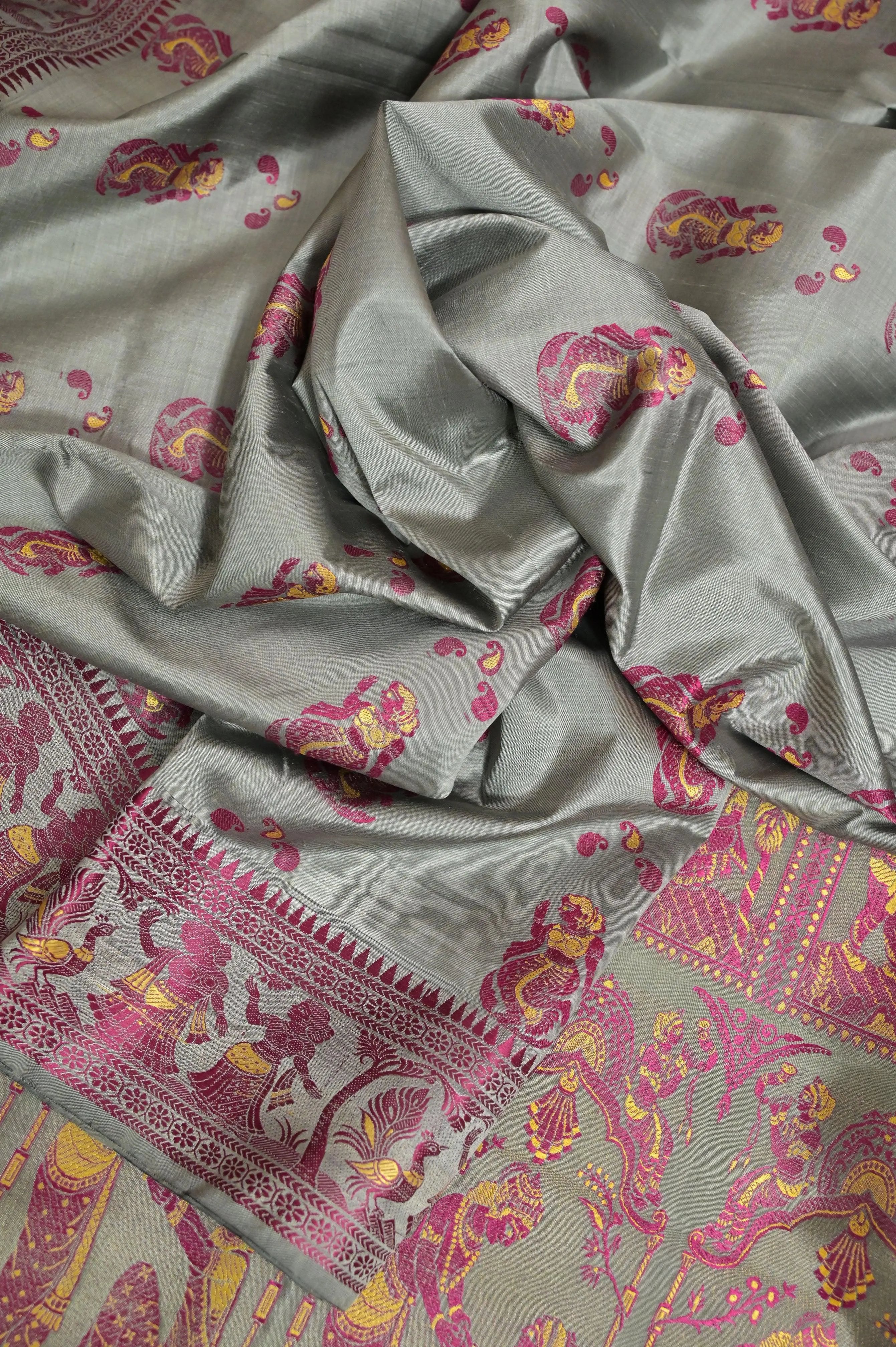 Grey and Magenta Color Pure Baluchari Silk Saree