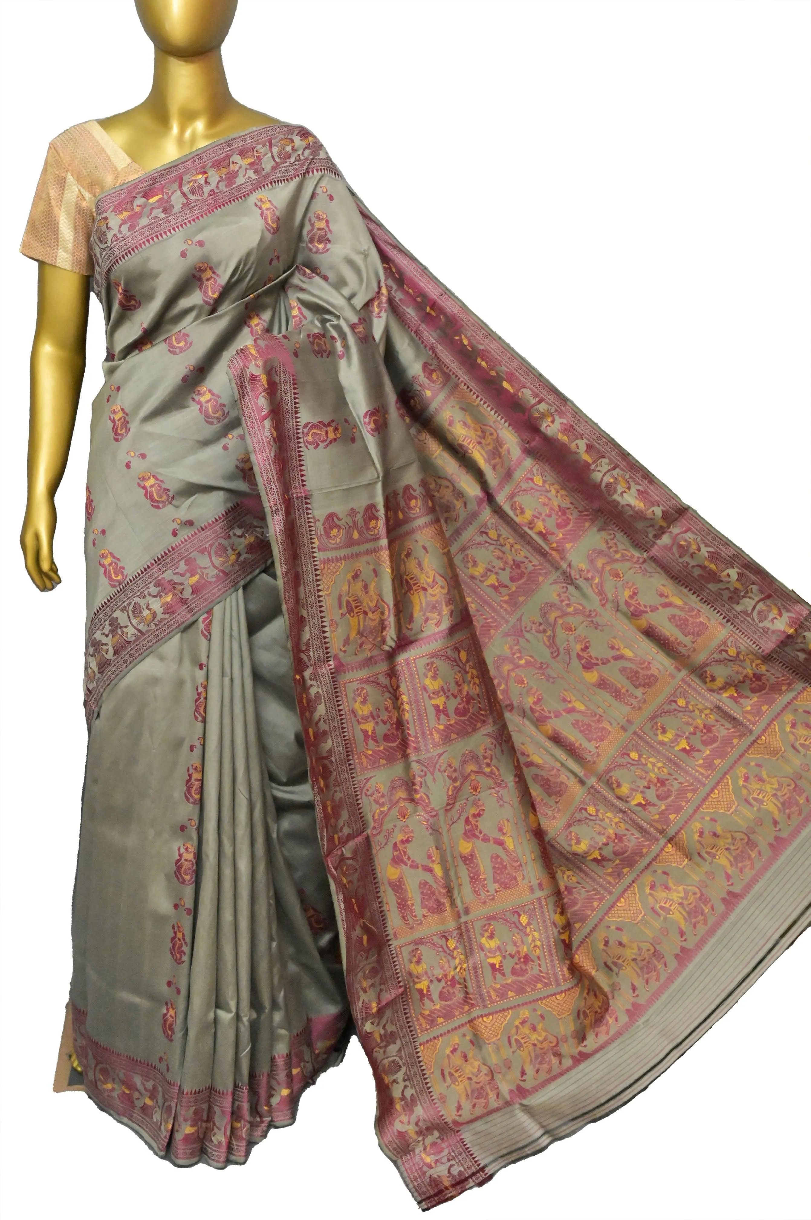 Grey and Magenta Color Pure Baluchari Silk Saree