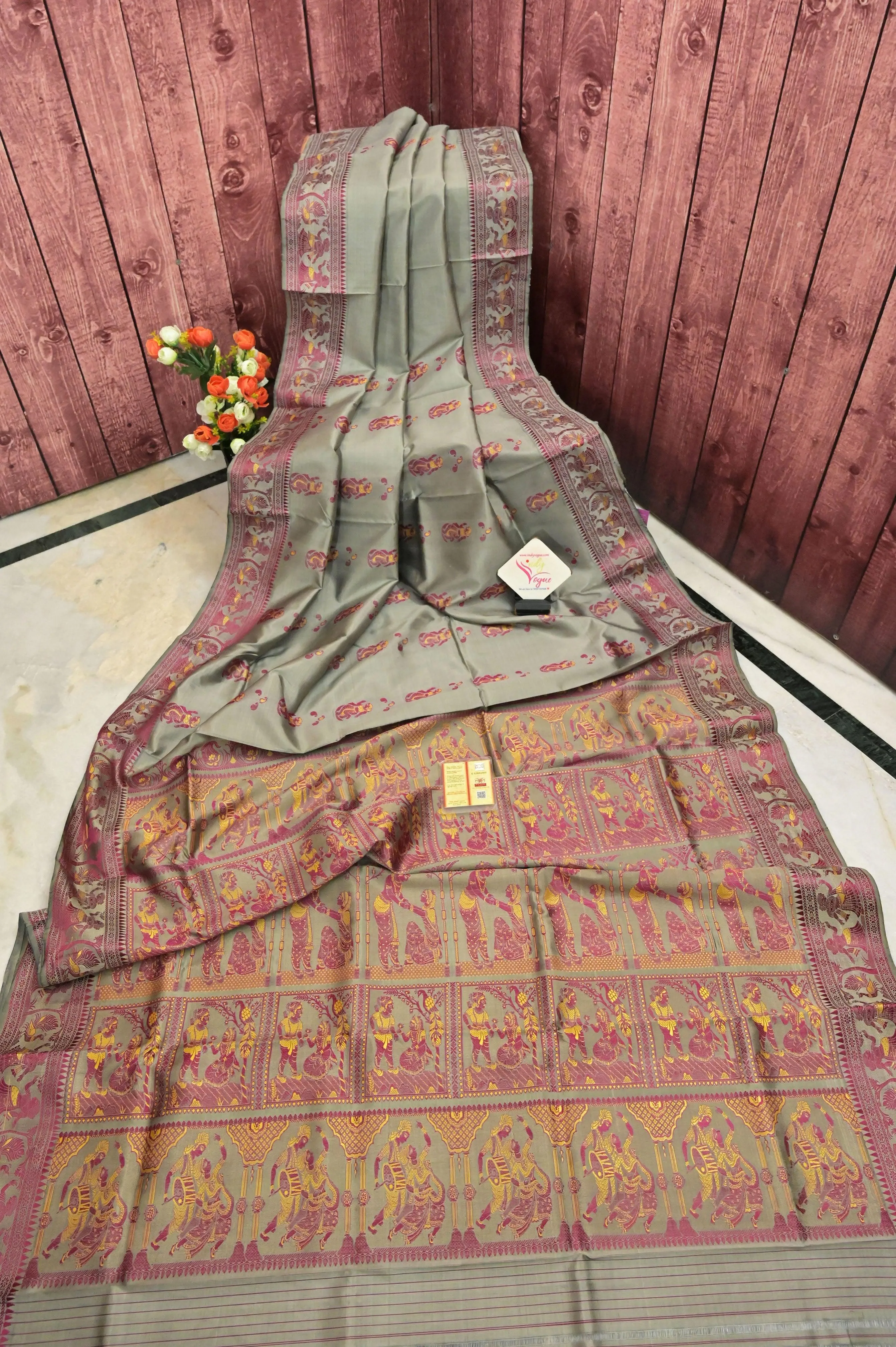 Grey and Magenta Color Pure Baluchari Silk Saree