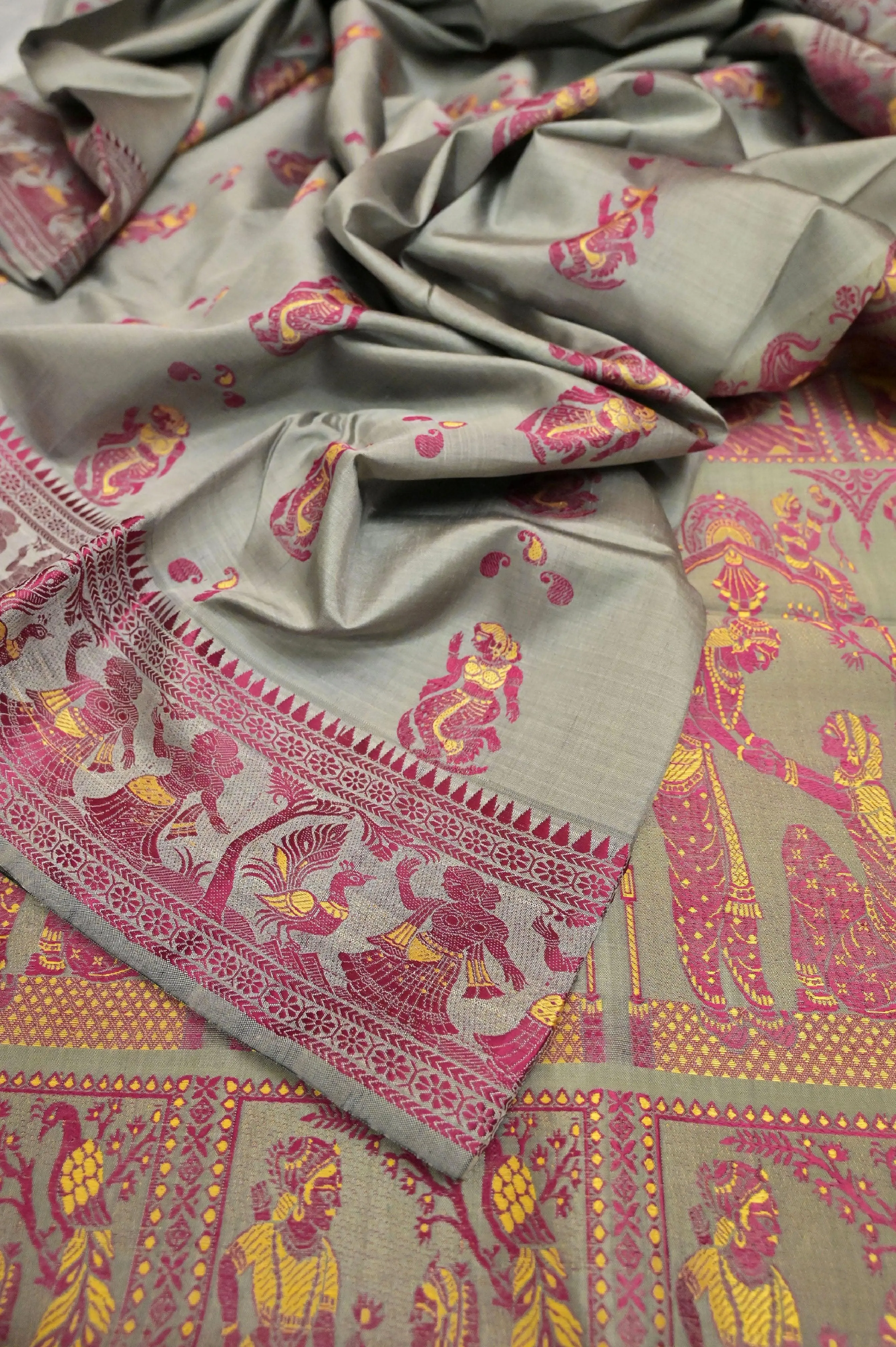 Grey and Magenta Color Pure Baluchari Silk Saree