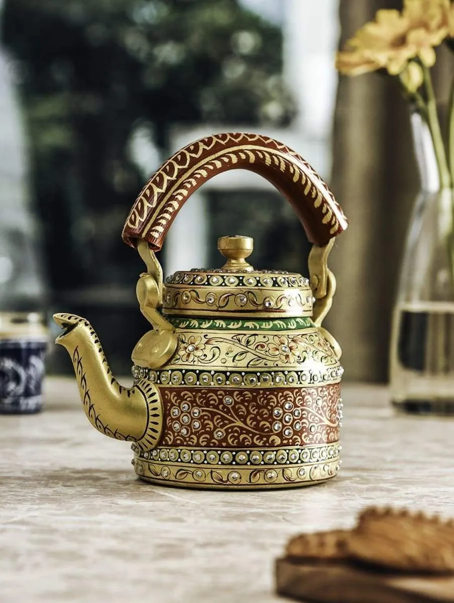 Handpainted Kaushalam Multi Color Diamond Teapot in Aluminium