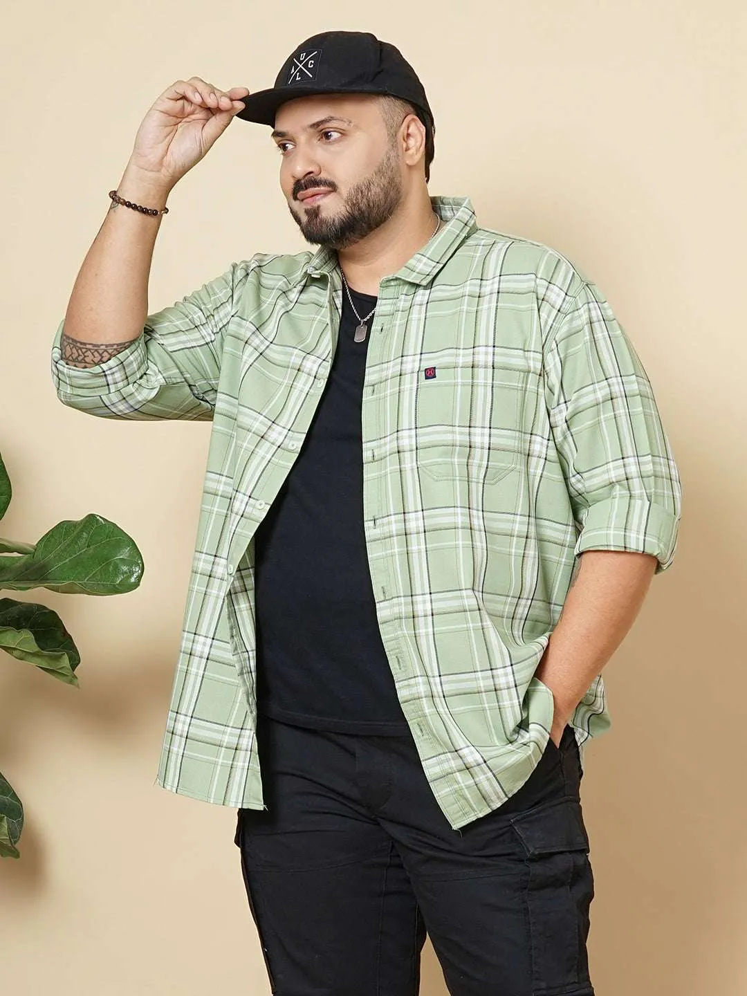 Hardsoda Men Green Plus Size Checked Casual Shirt