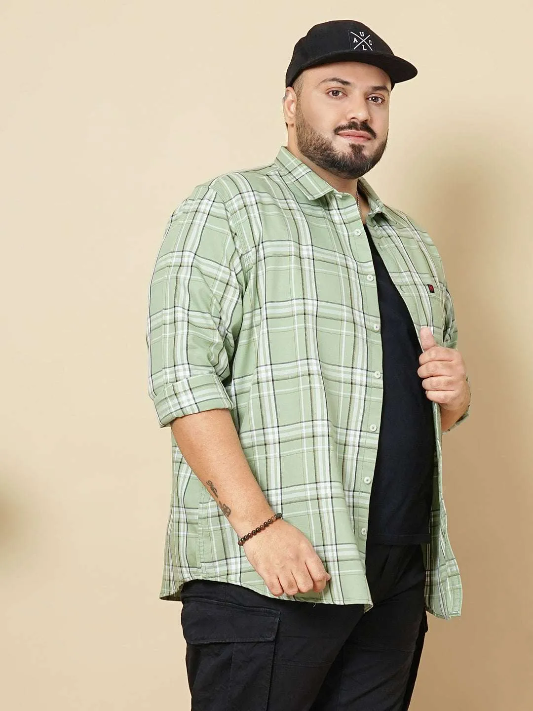 Hardsoda Men Green Plus Size Checked Casual Shirt