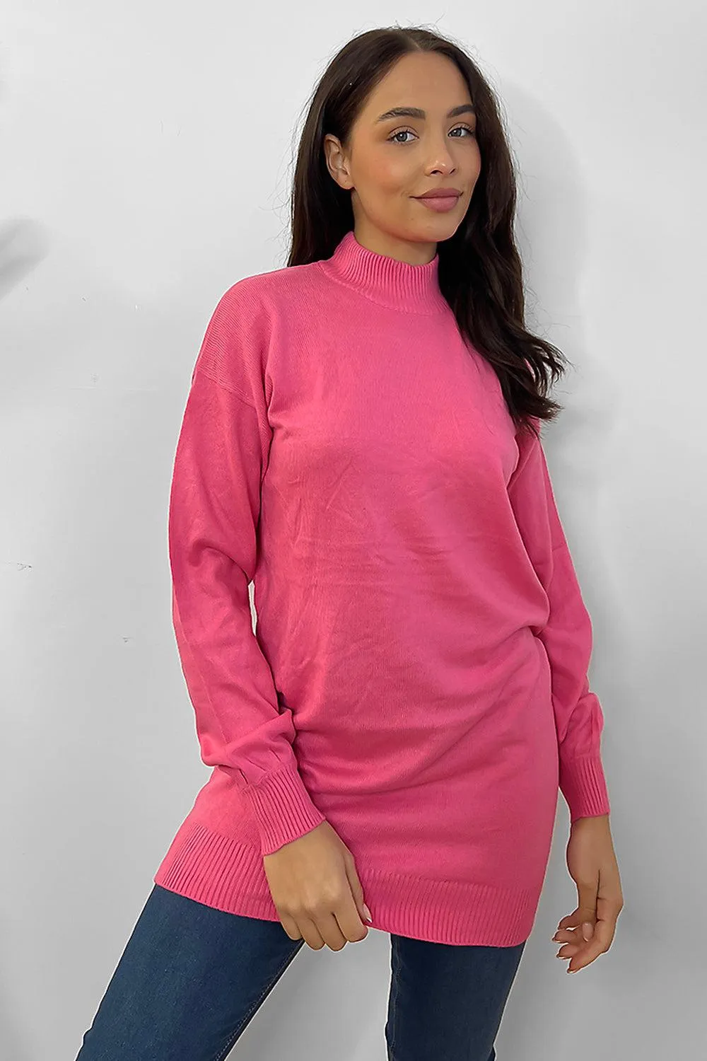 Hot Pink High Neck Oversized Longline Pullover