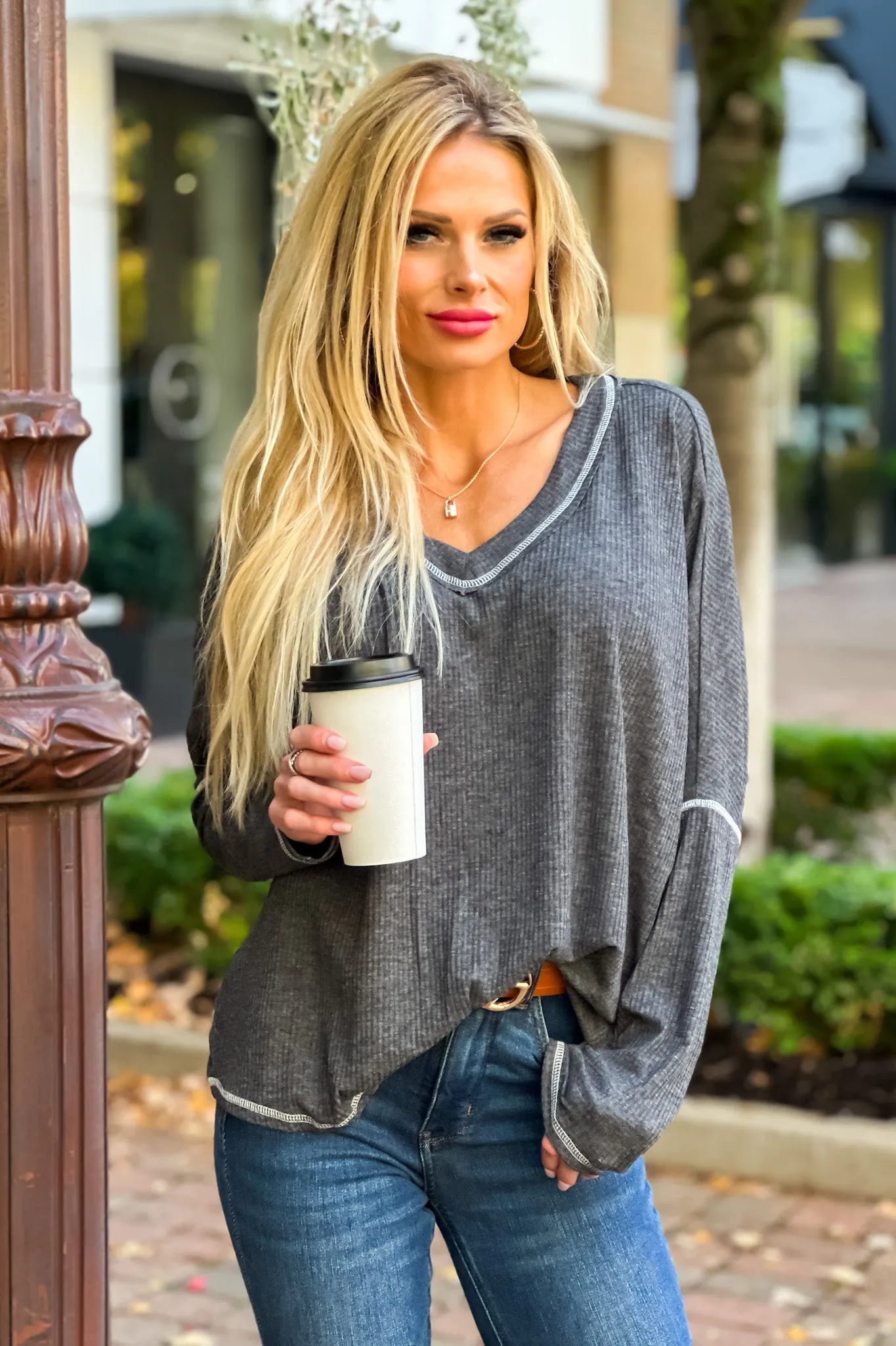 Just Fine Ribbed Oversized V-Neck Top : Grey