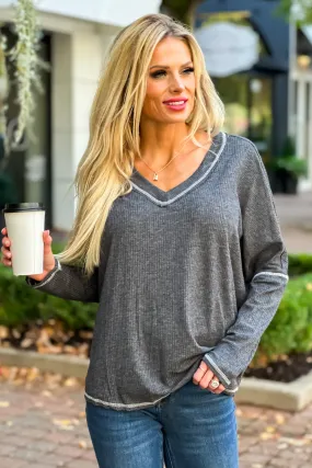 Just Fine Ribbed Oversized V-Neck Top : Grey