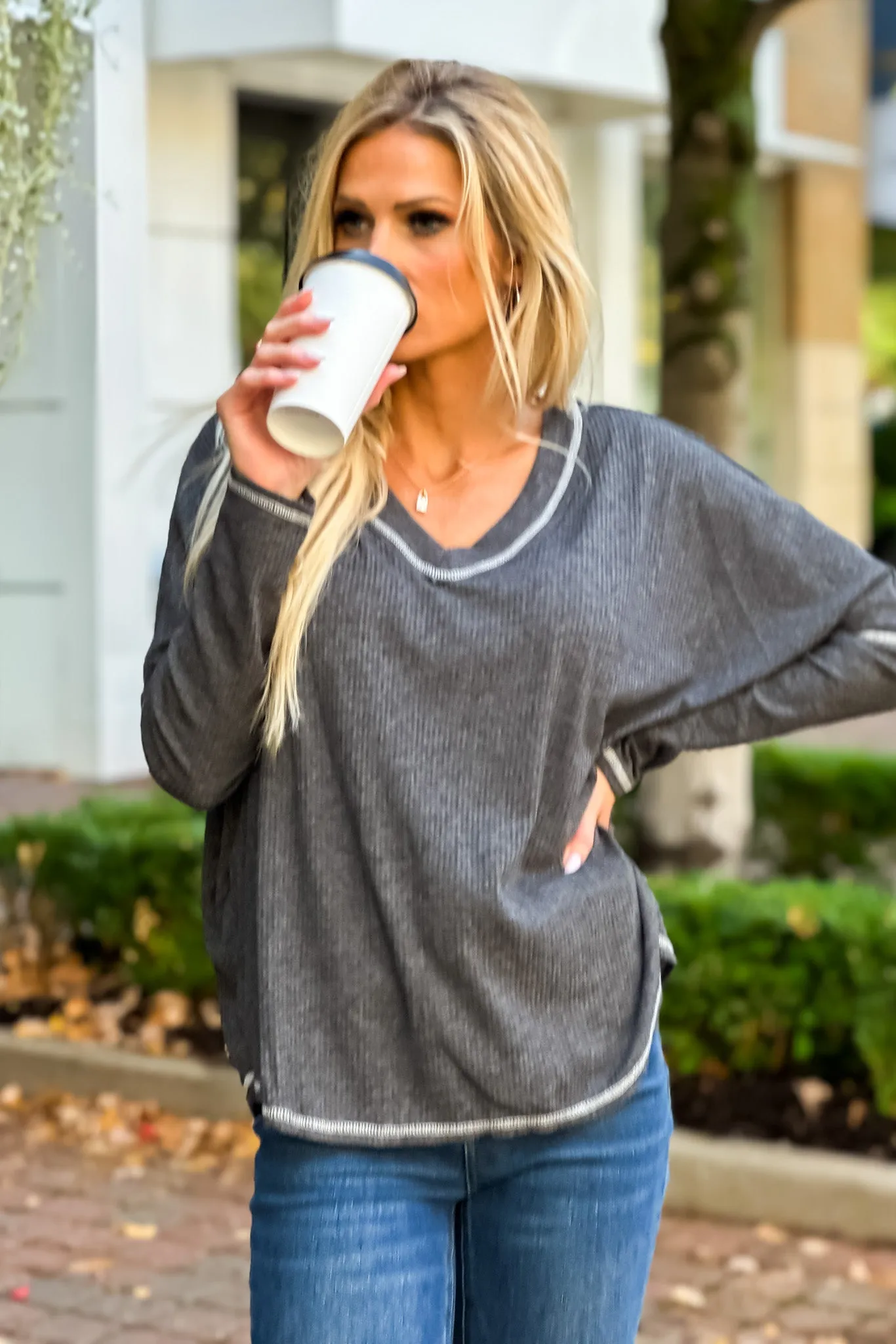 Just Fine Ribbed Oversized V-Neck Top : Grey