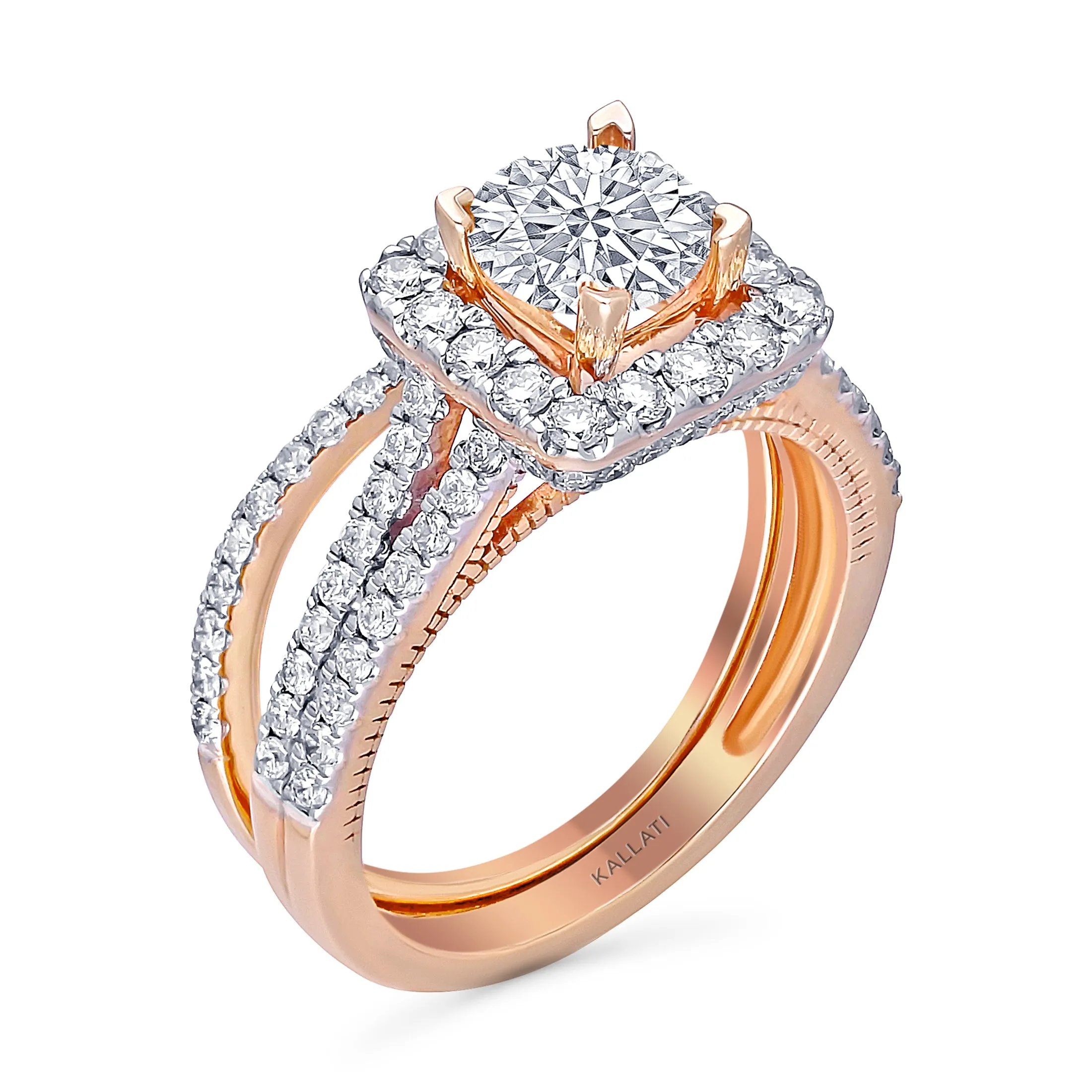 Kallati Eternal Cushion Halo  Diamond Engagement Ring With Matching Band in 14K Rose Gold