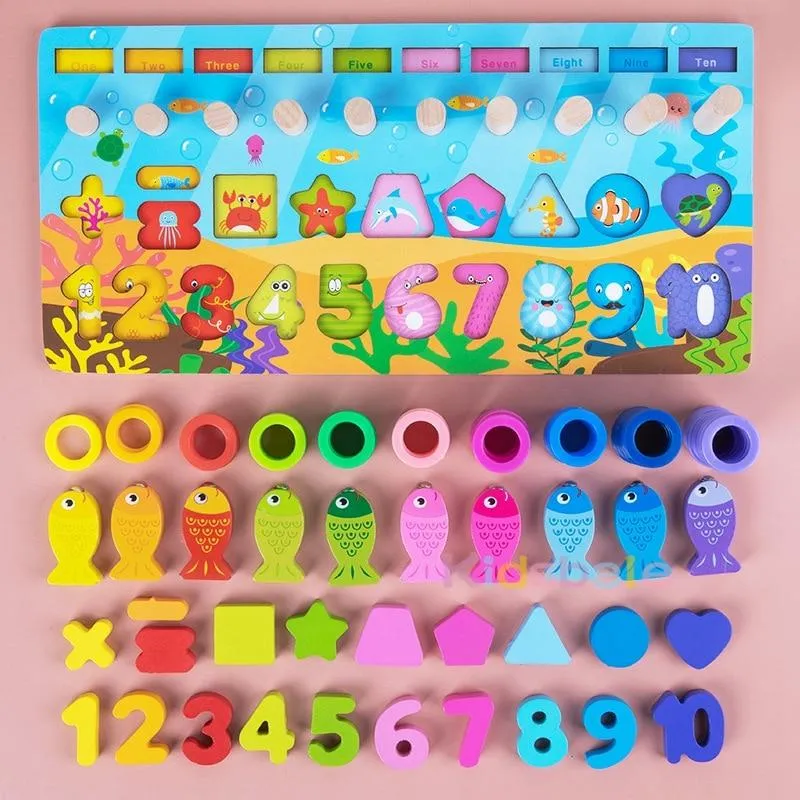 Kids Montessori Math Toys For Toddlers Wooden Educational Puzzle Fishing Toys Number Shape Matching Games Board Toy