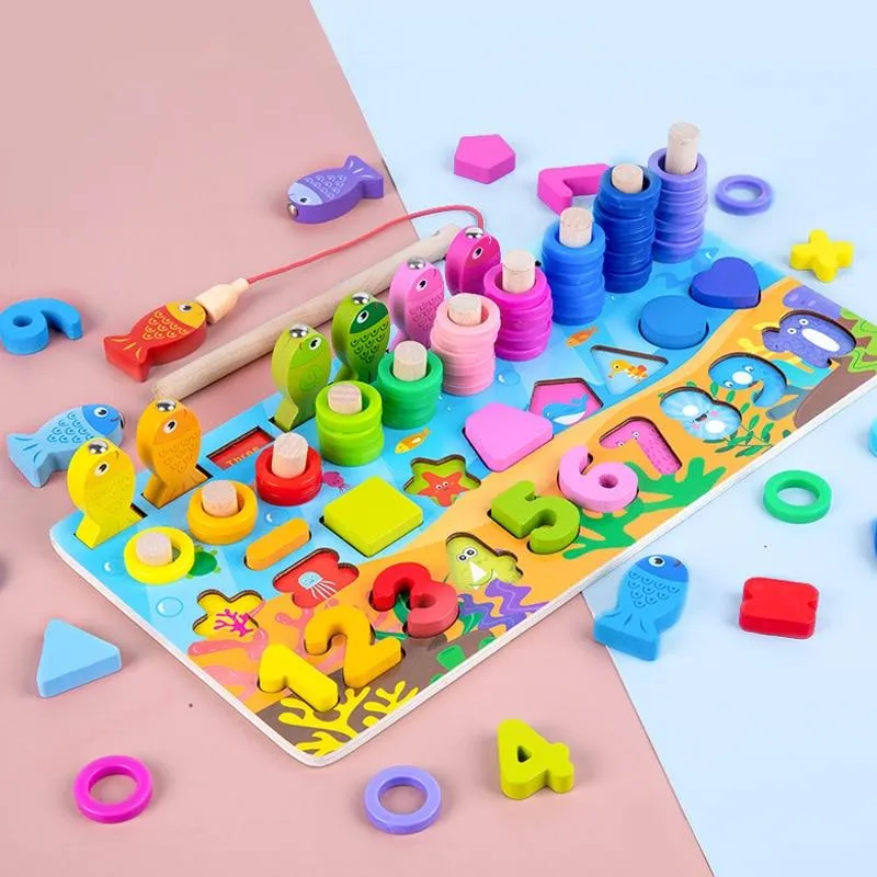 Kids Montessori Math Toys For Toddlers Wooden Educational Puzzle Fishing Toys Number Shape Matching Games Board Toy