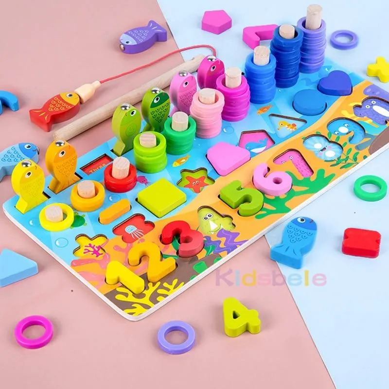 Kids Montessori Math Toys For Toddlers Wooden Educational Puzzle Fishing Toys Number Shape Matching Games Board Toy