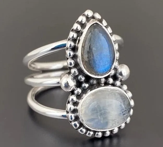 Labradorite, Rainbow Moonstone 925 Sterling Silver Ring, Multi Stone Handmade Jewelry, Gift for Her