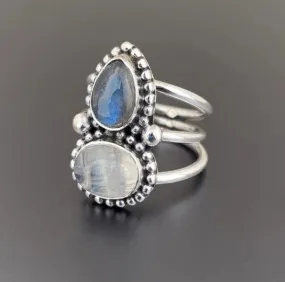 Labradorite, Rainbow Moonstone 925 Sterling Silver Ring, Multi Stone Handmade Jewelry, Gift for Her