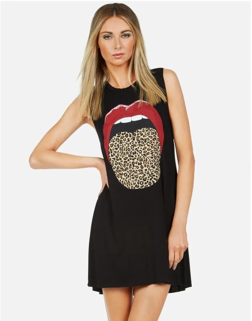 Lauren Moshi Deanna Leopard Tongue Rolling Stones Mini Dress