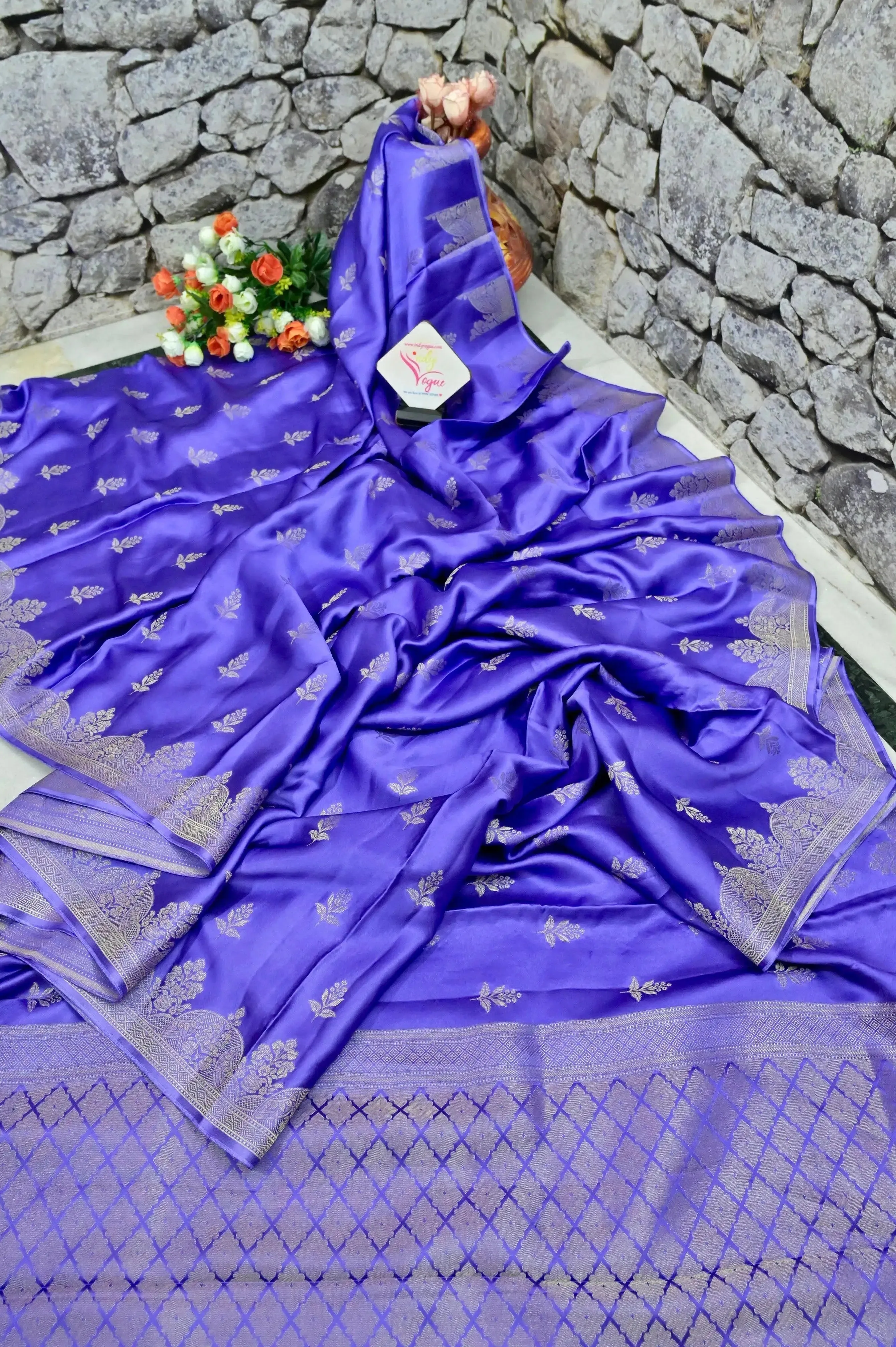 Lavender Color Satin Banarasi Saree with Silver Zari Work