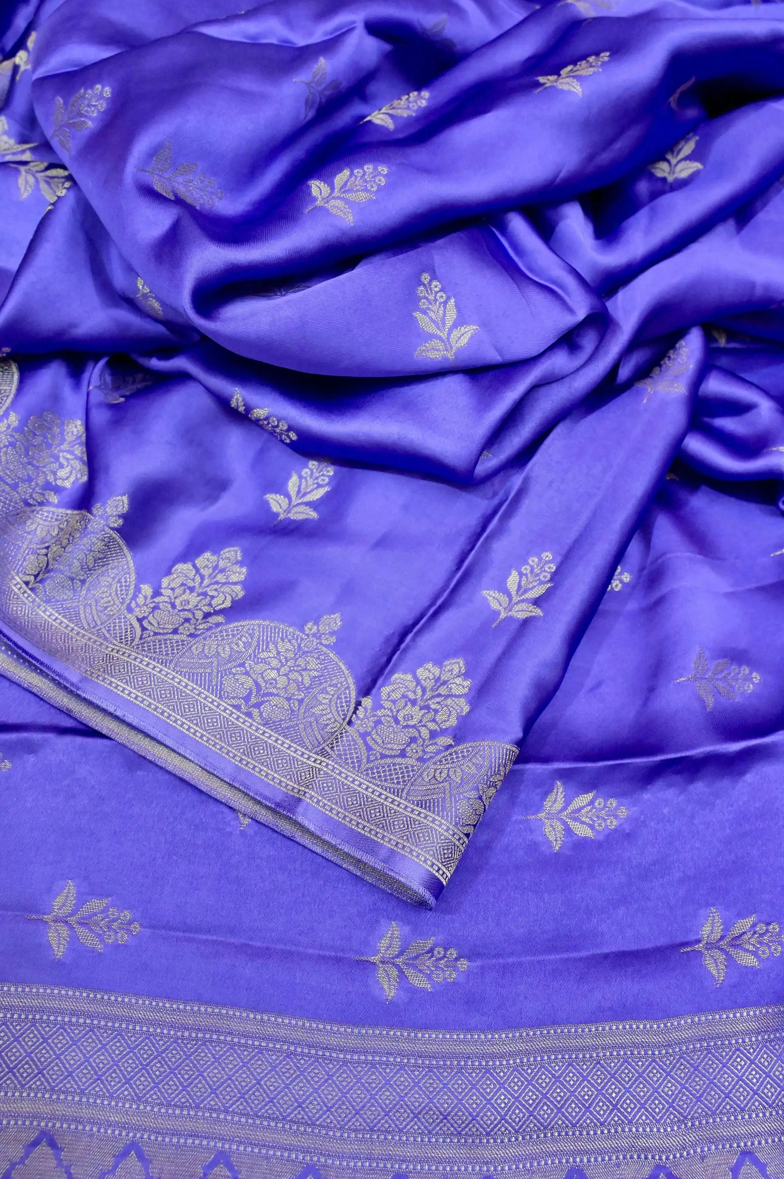 Lavender Color Satin Banarasi Saree with Silver Zari Work