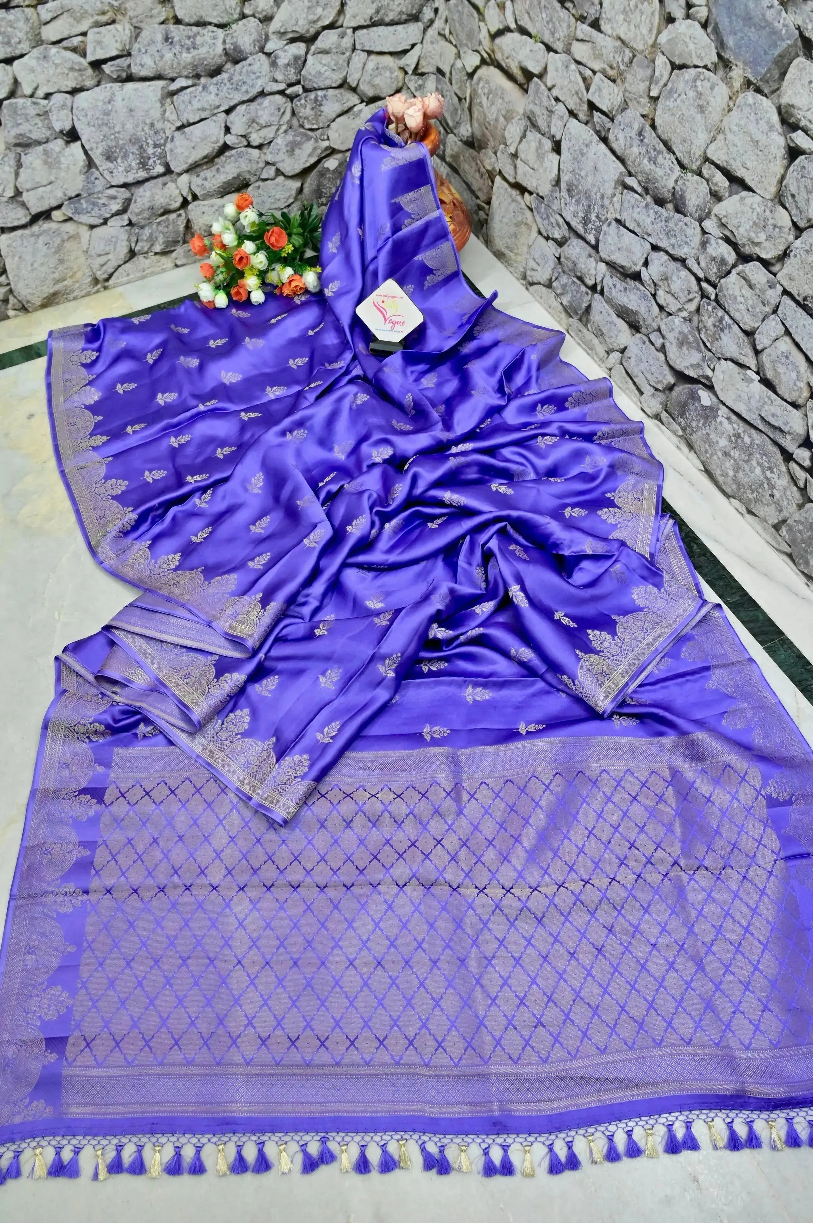 Lavender Color Satin Banarasi Saree with Silver Zari Work