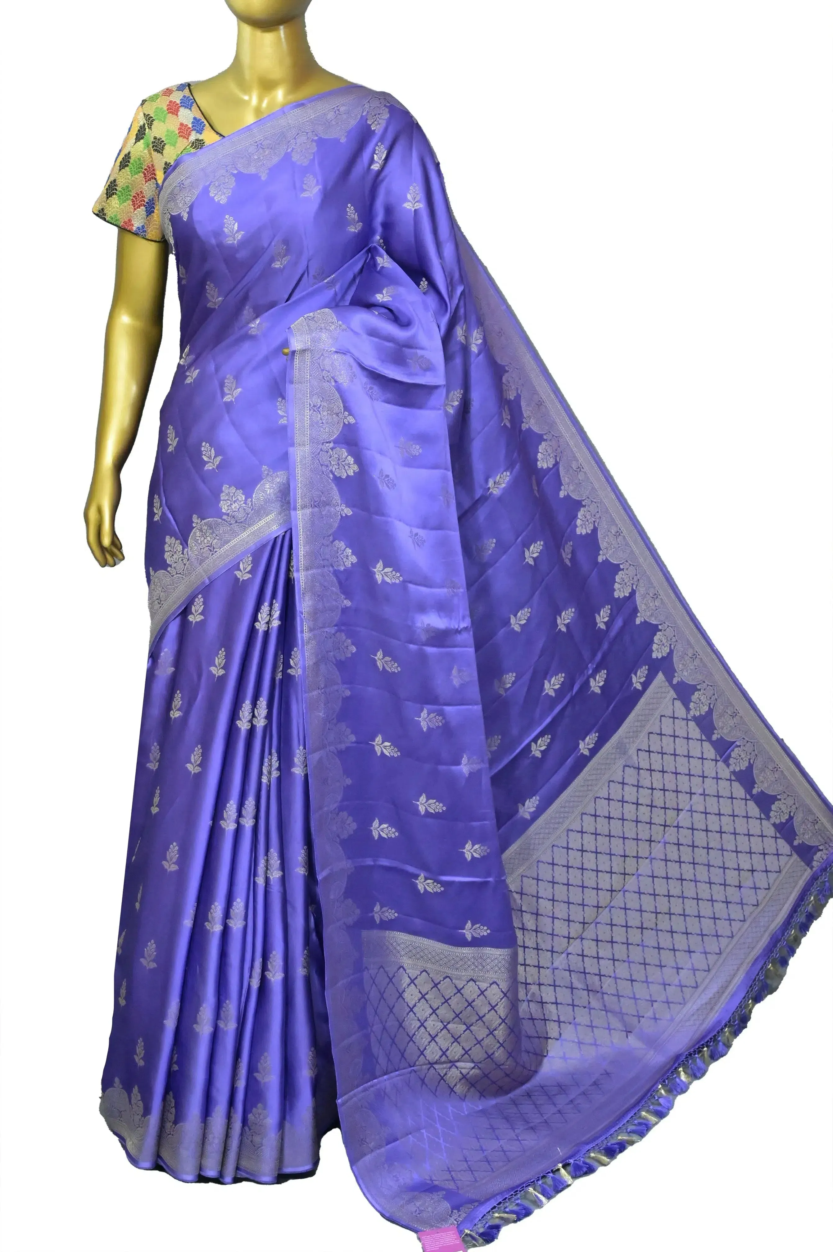 Lavender Color Satin Banarasi Saree with Silver Zari Work