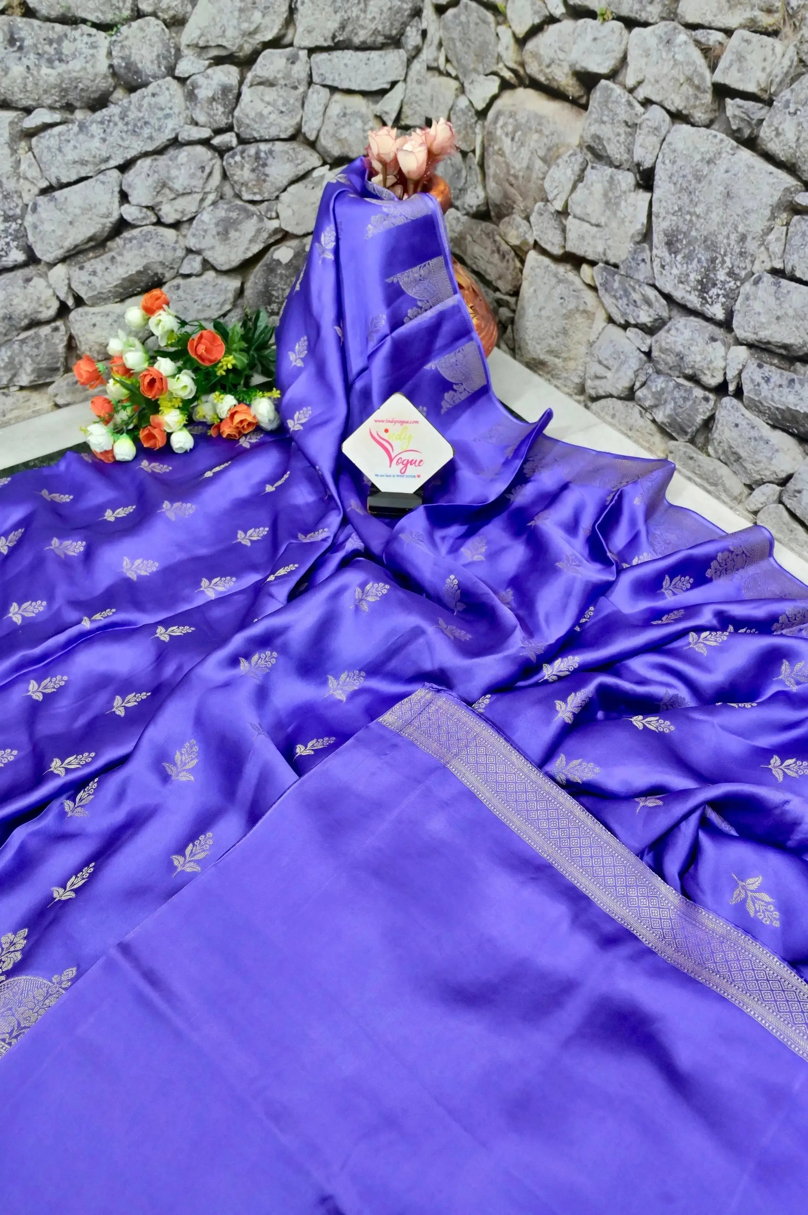 Lavender Color Satin Banarasi Saree with Silver Zari Work