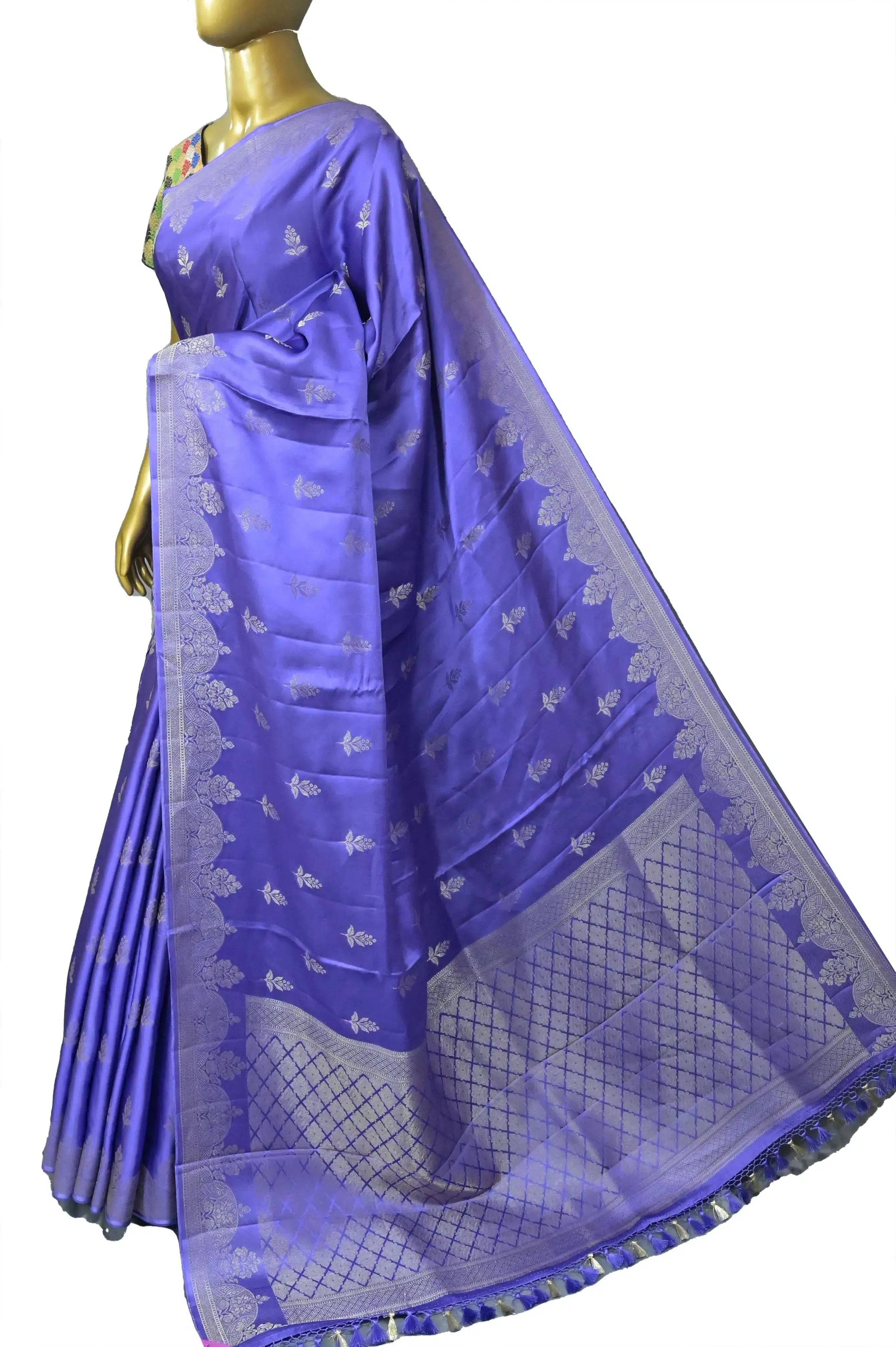 Lavender Color Satin Banarasi Saree with Silver Zari Work