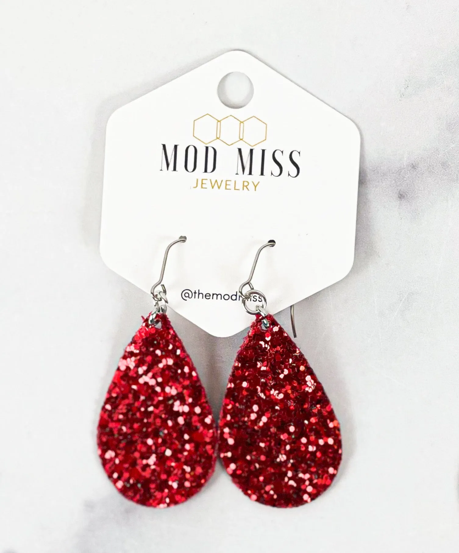 Leather Canvas Teardrop Earring Glitter Red