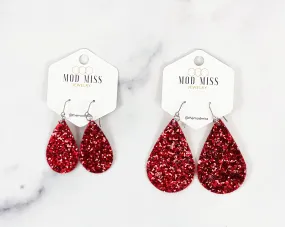 Leather Canvas Teardrop Earring Glitter Red