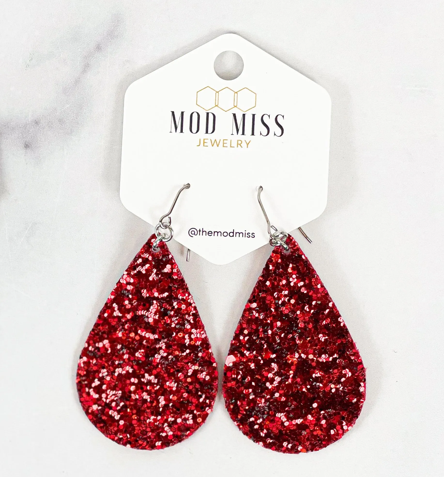 Leather Canvas Teardrop Earring Glitter Red