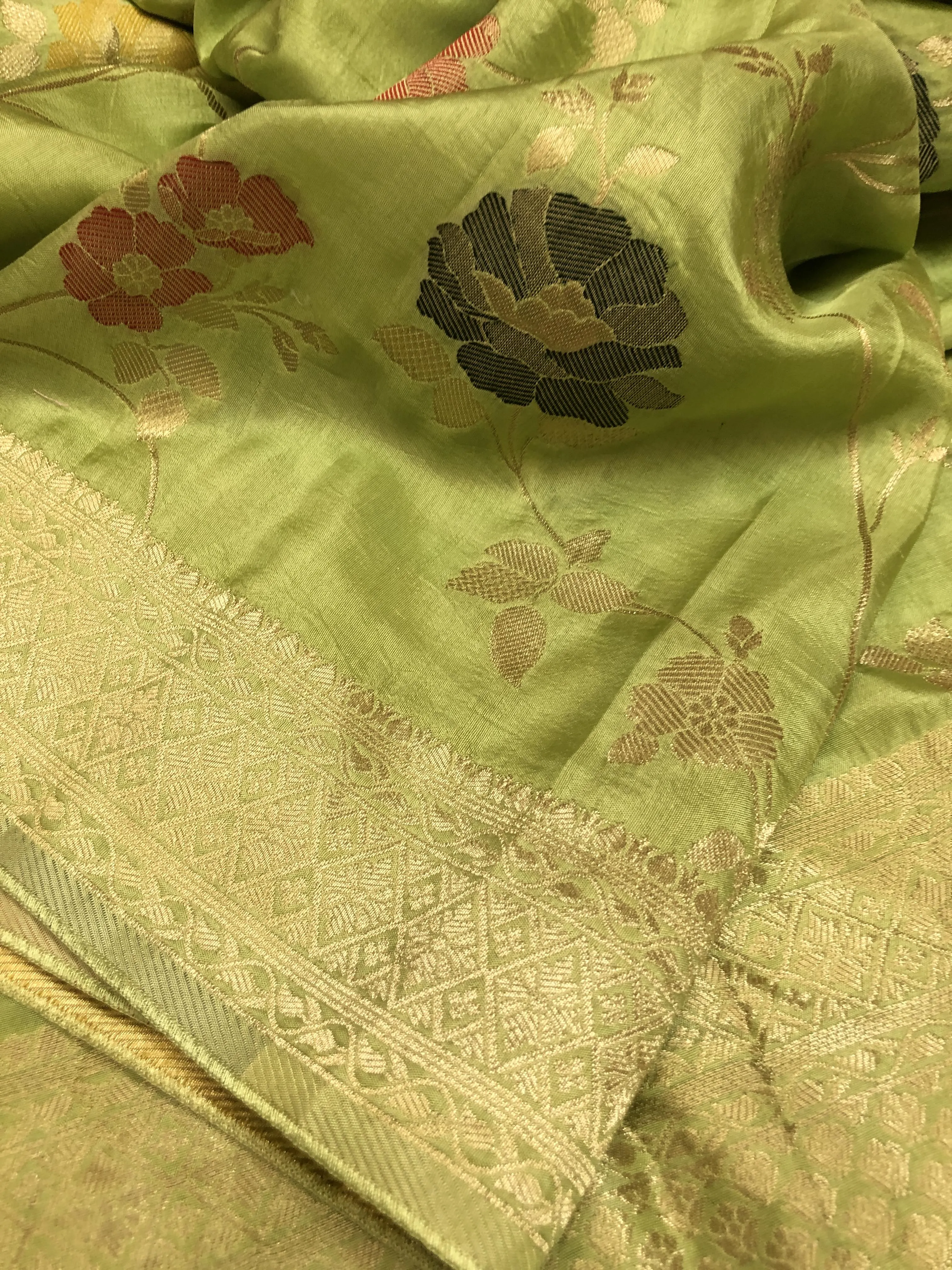 Lemon Green Color Muga Banarasi Saree with Allover Jaal Meenakari Work