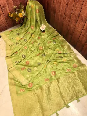 Lemon Green Color Muga Banarasi Saree with Allover Jaal Meenakari Work