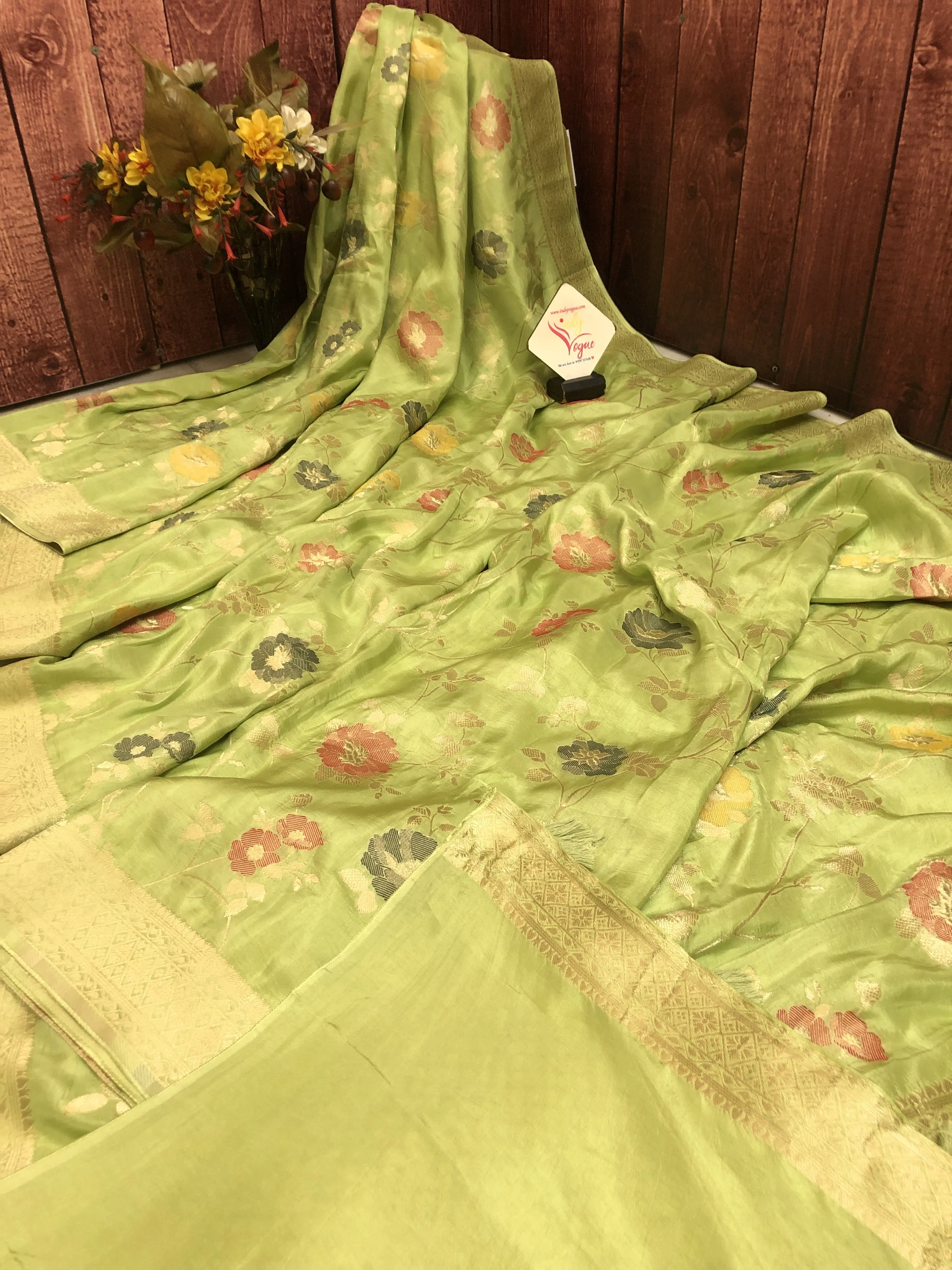 Lemon Green Color Muga Banarasi Saree with Allover Jaal Meenakari Work