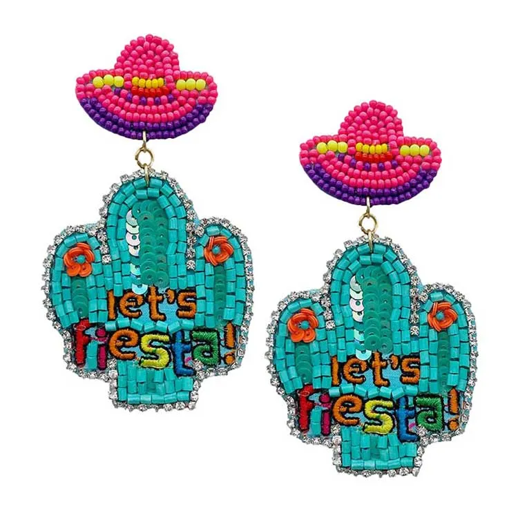 Lets Fiesta Felt Back Sequin Beaded Cactus Dangle Earrings