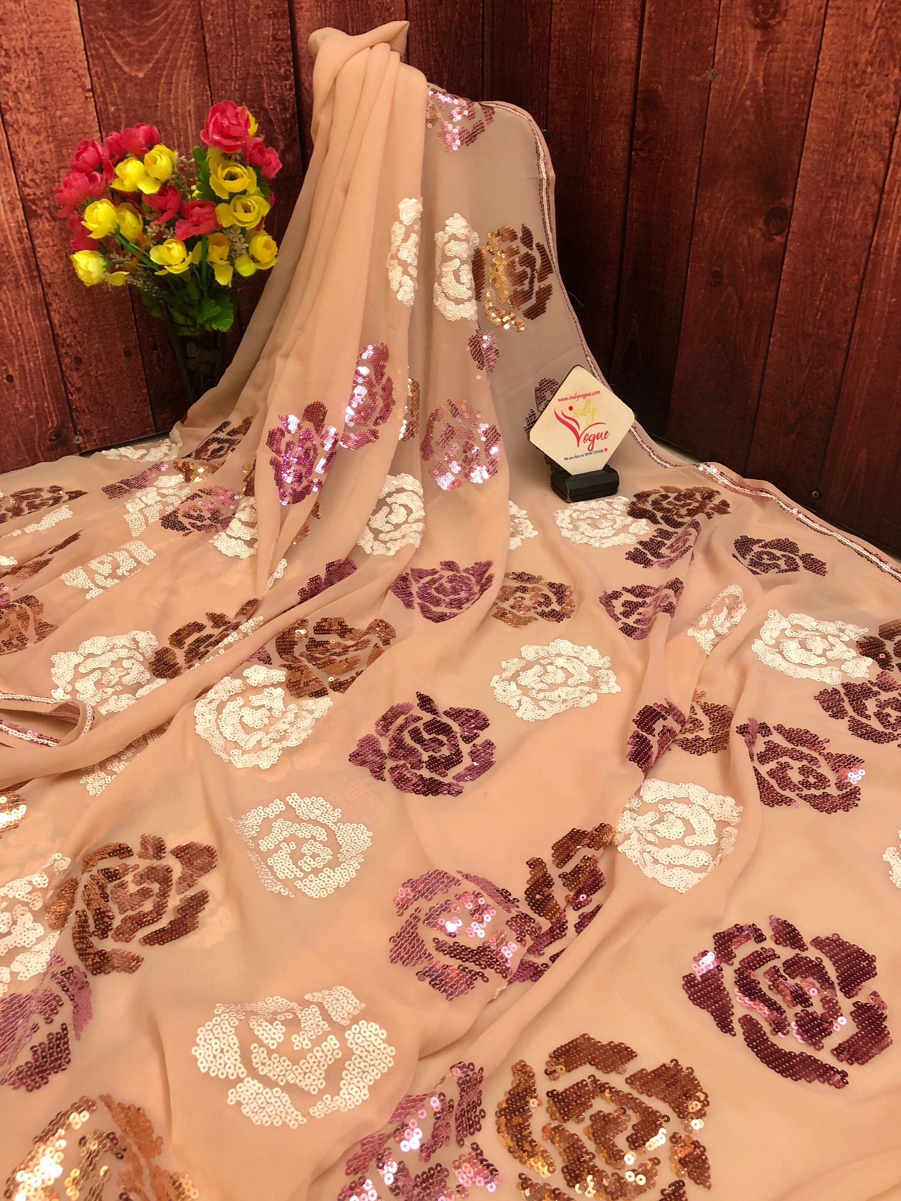 Light Peach Color Designer Georgette Saree with Sequin Work