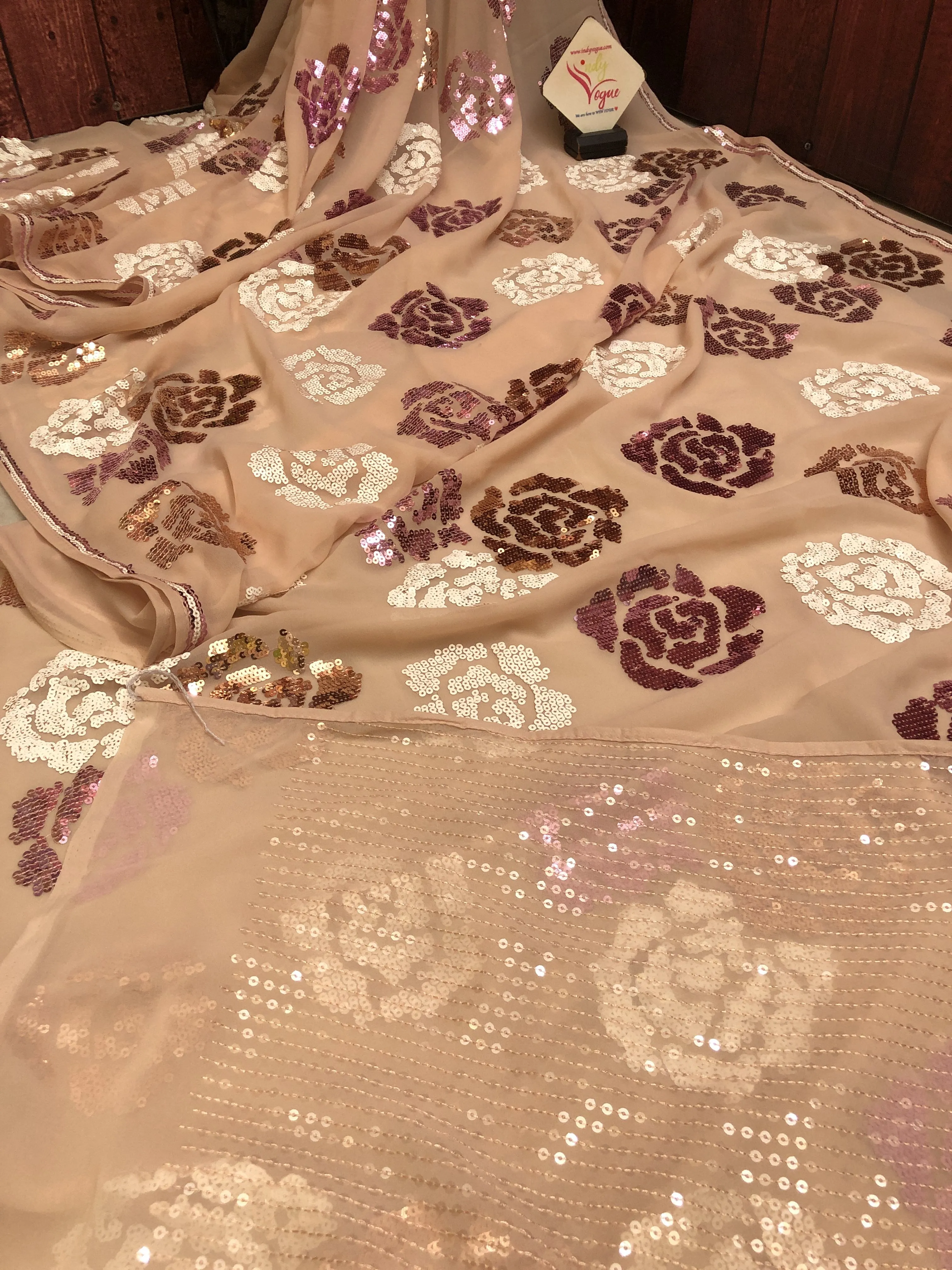 Light Peach Color Designer Georgette Saree with Sequin Work