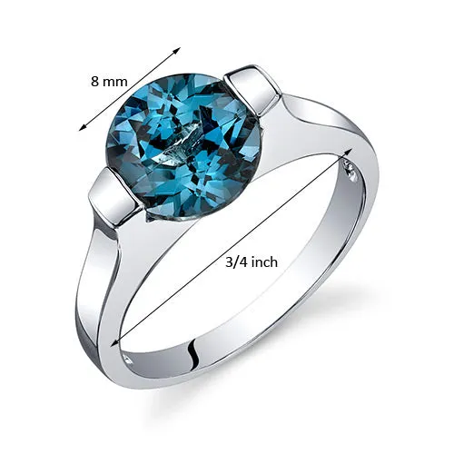 London Blue Topaz Ring Sterling Silver Round Shape 2.25 Carats Size 7