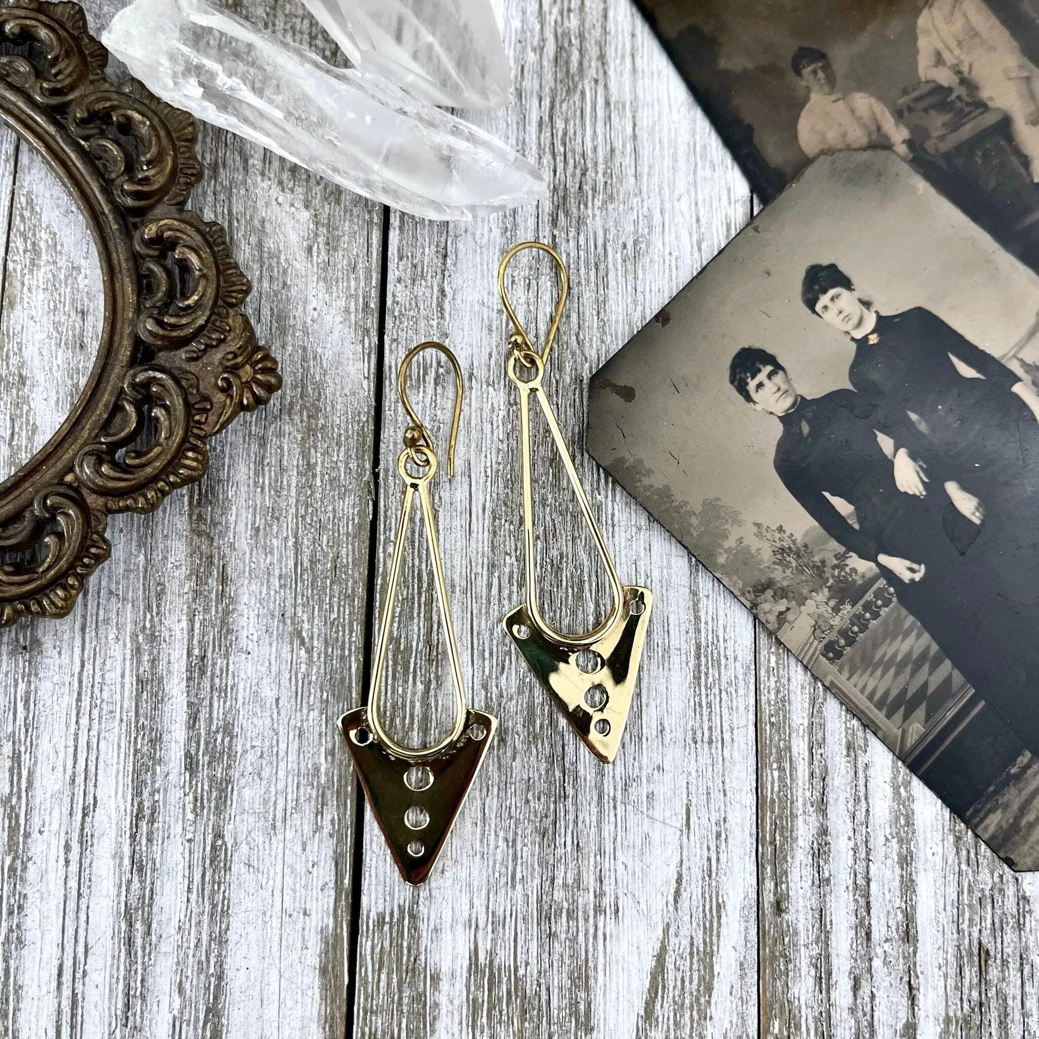 Long Brass Decorated Geometric Earrings