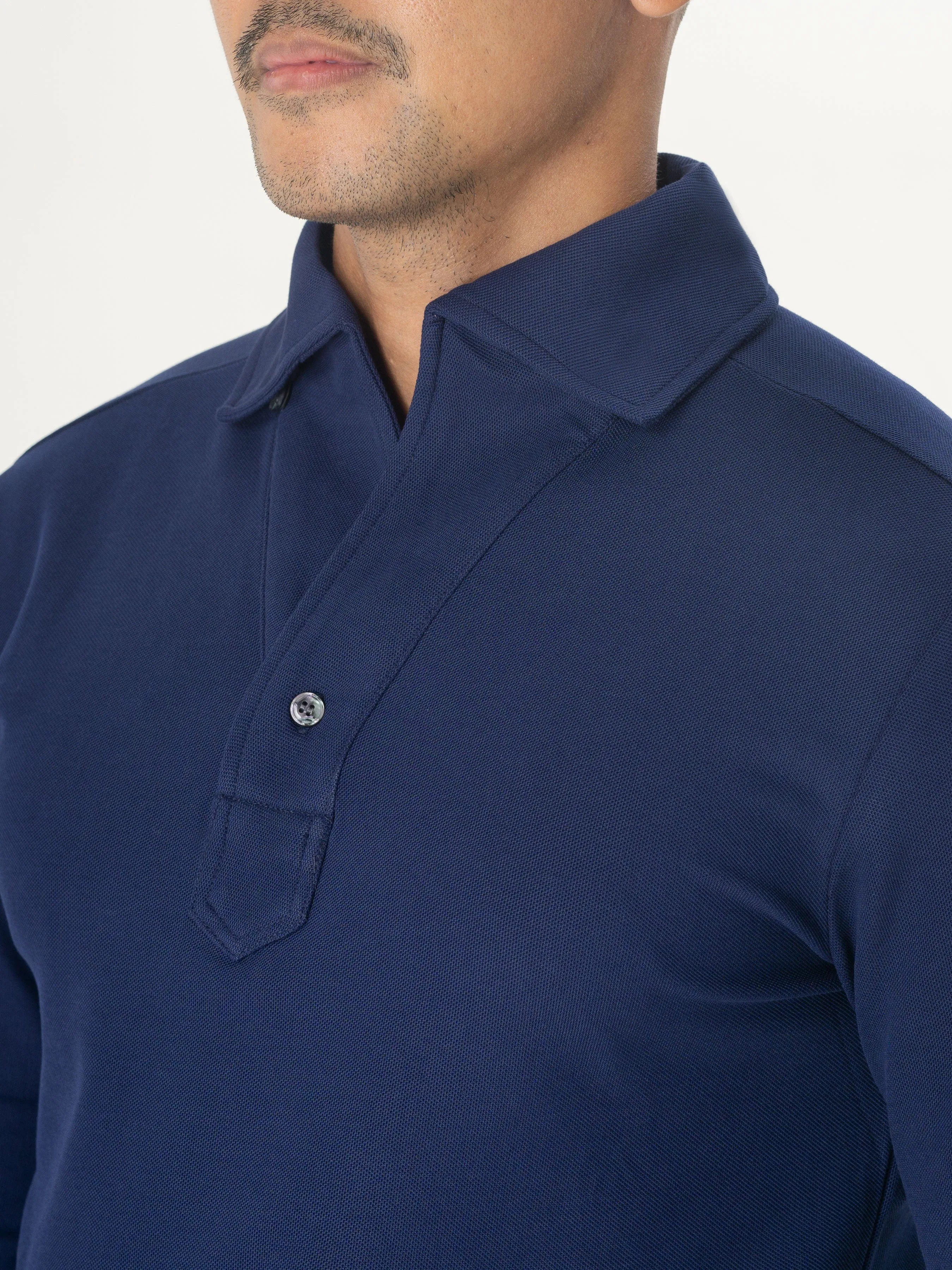 Long Sleeve Polo Shirt - Navy Blue One-Piece Collar Single Button