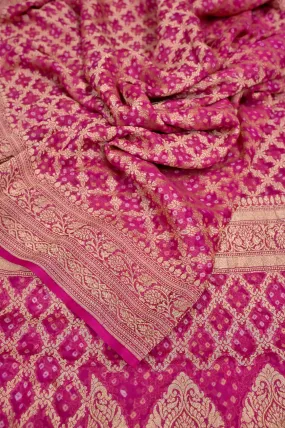 Magenta Color Khaddi Georgette Banarasi Saree with Hand Bandhani Work