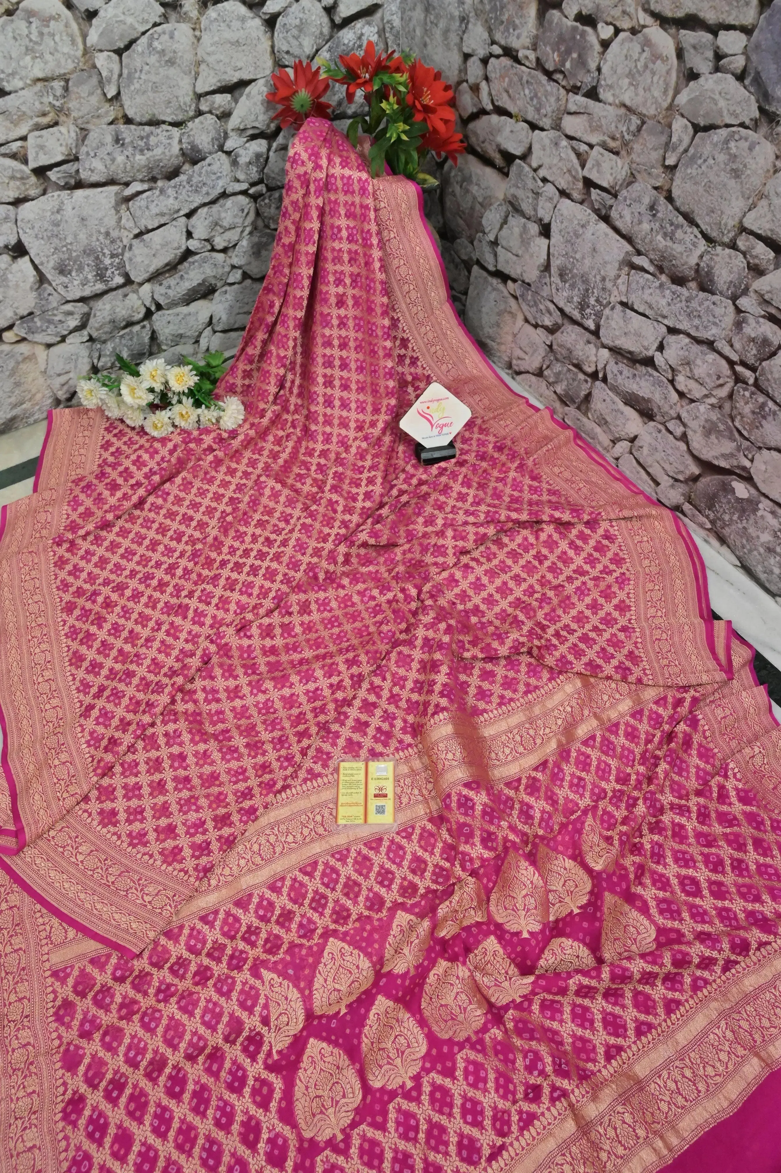 Magenta Color Khaddi Georgette Banarasi Saree with Hand Bandhani Work