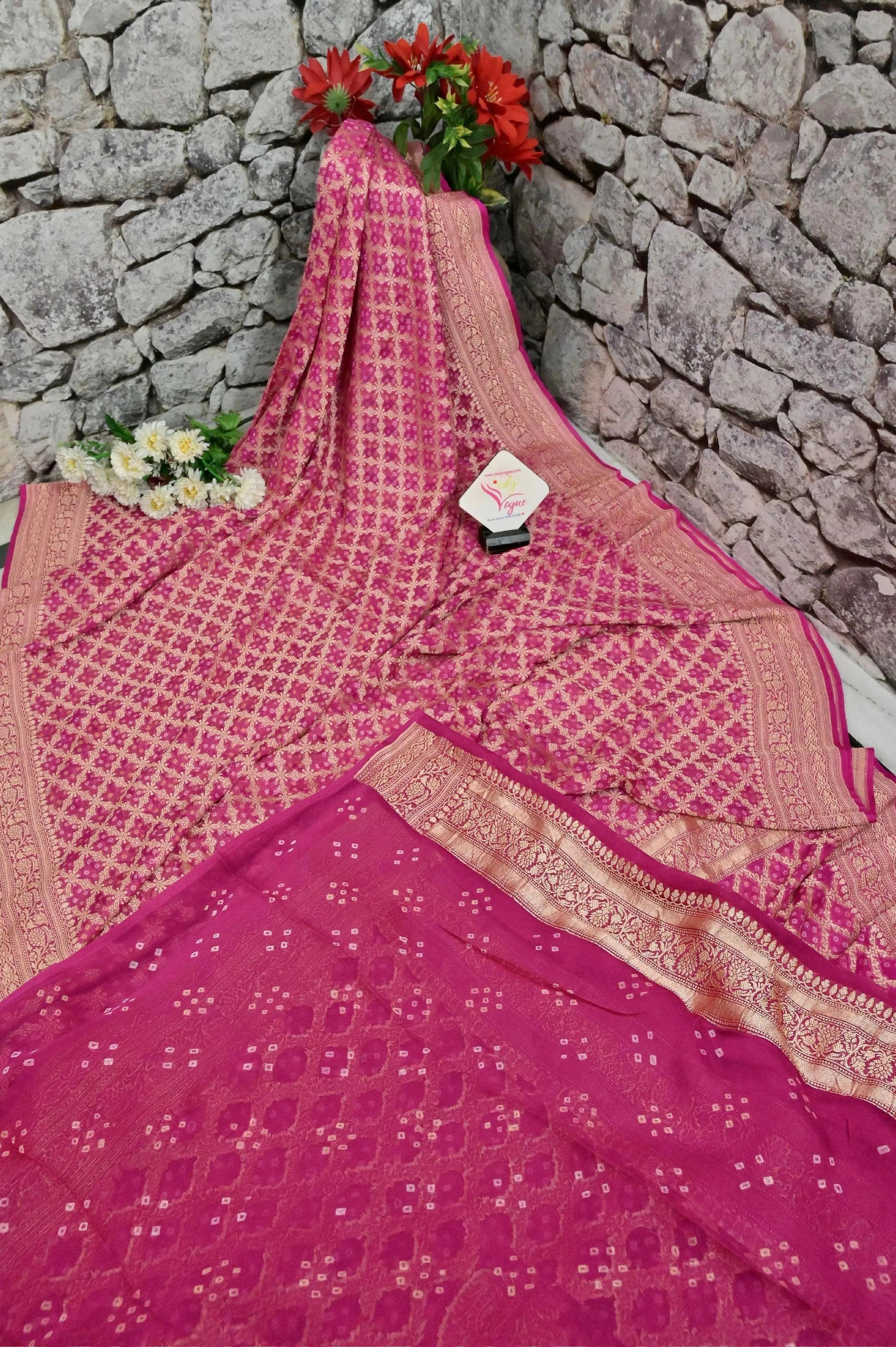 Magenta Color Khaddi Georgette Banarasi Saree with Hand Bandhani Work