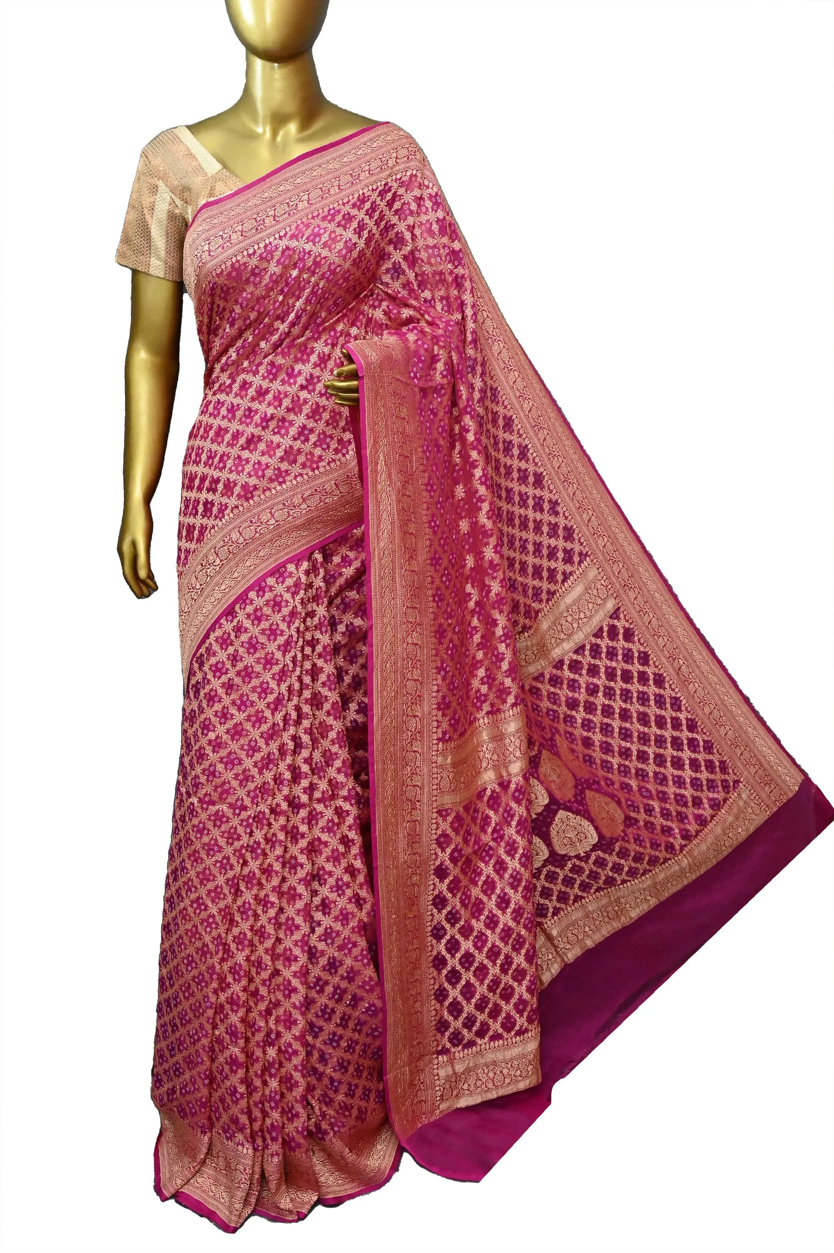 Magenta Color Khaddi Georgette Banarasi Saree with Hand Bandhani Work