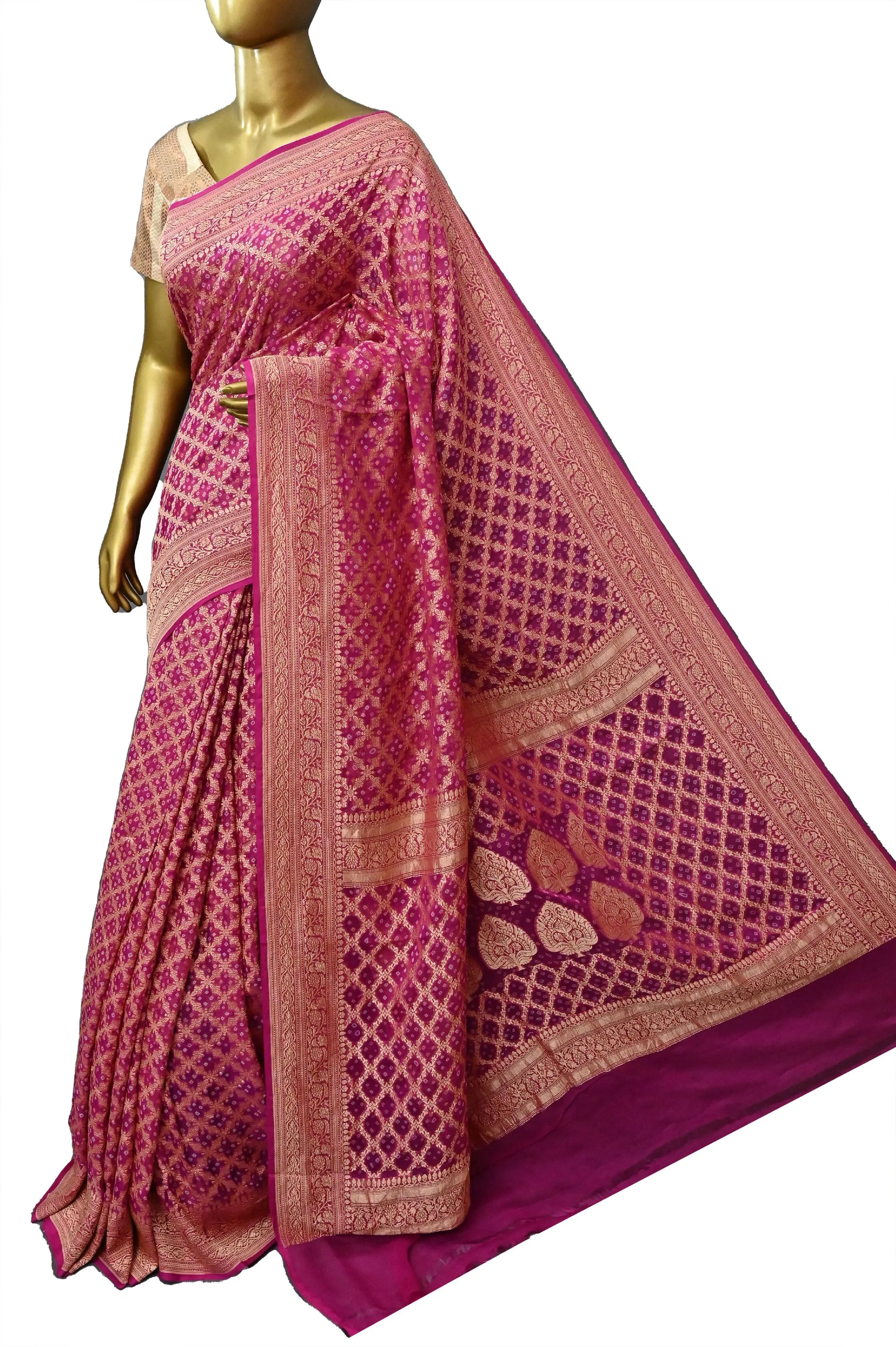 Magenta Color Khaddi Georgette Banarasi Saree with Hand Bandhani Work