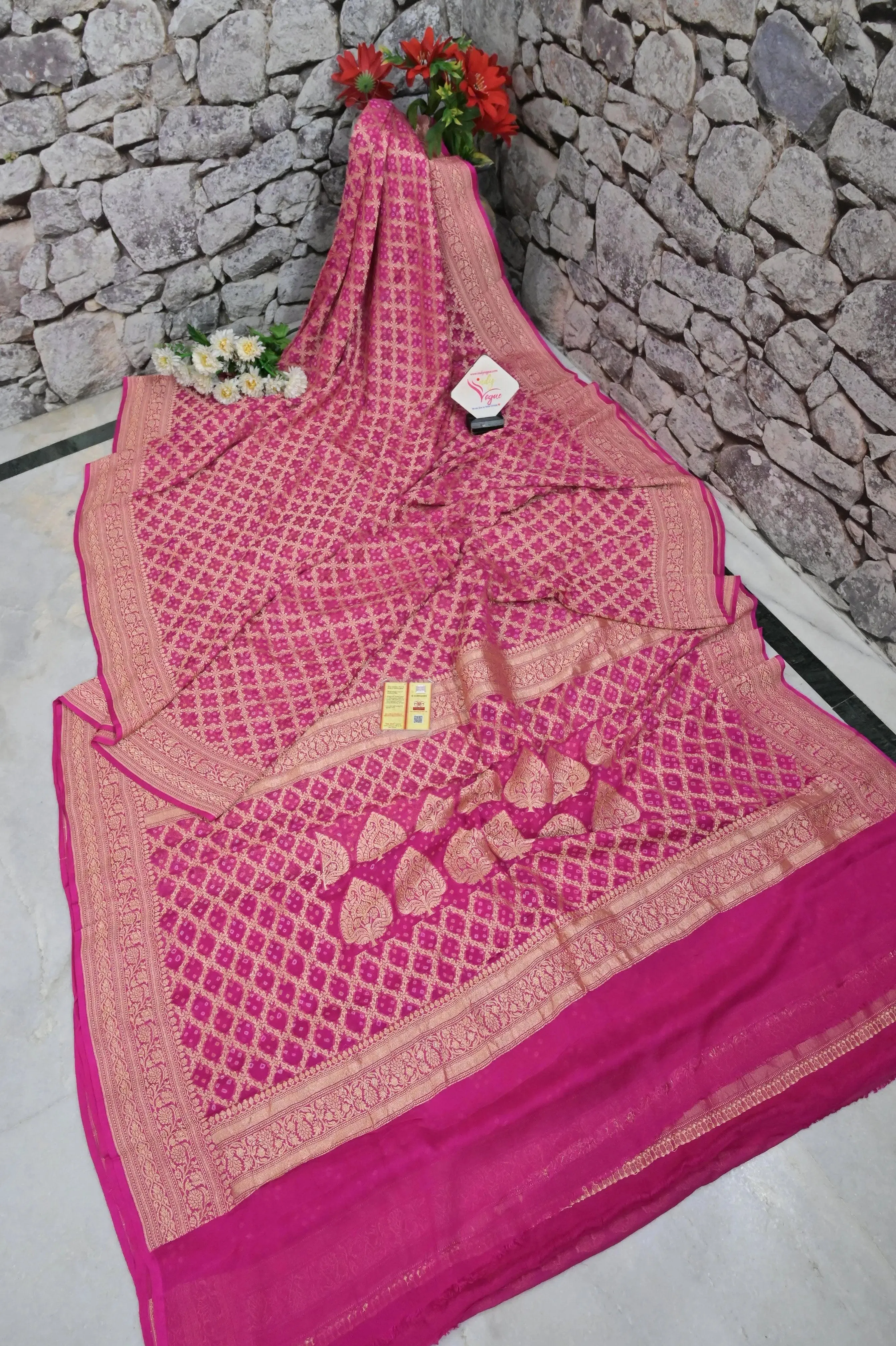 Magenta Color Khaddi Georgette Banarasi Saree with Hand Bandhani Work