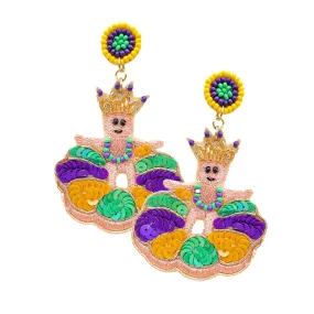 Mardi Gras Felt Back Beaded Crown Human Dangle Earrings