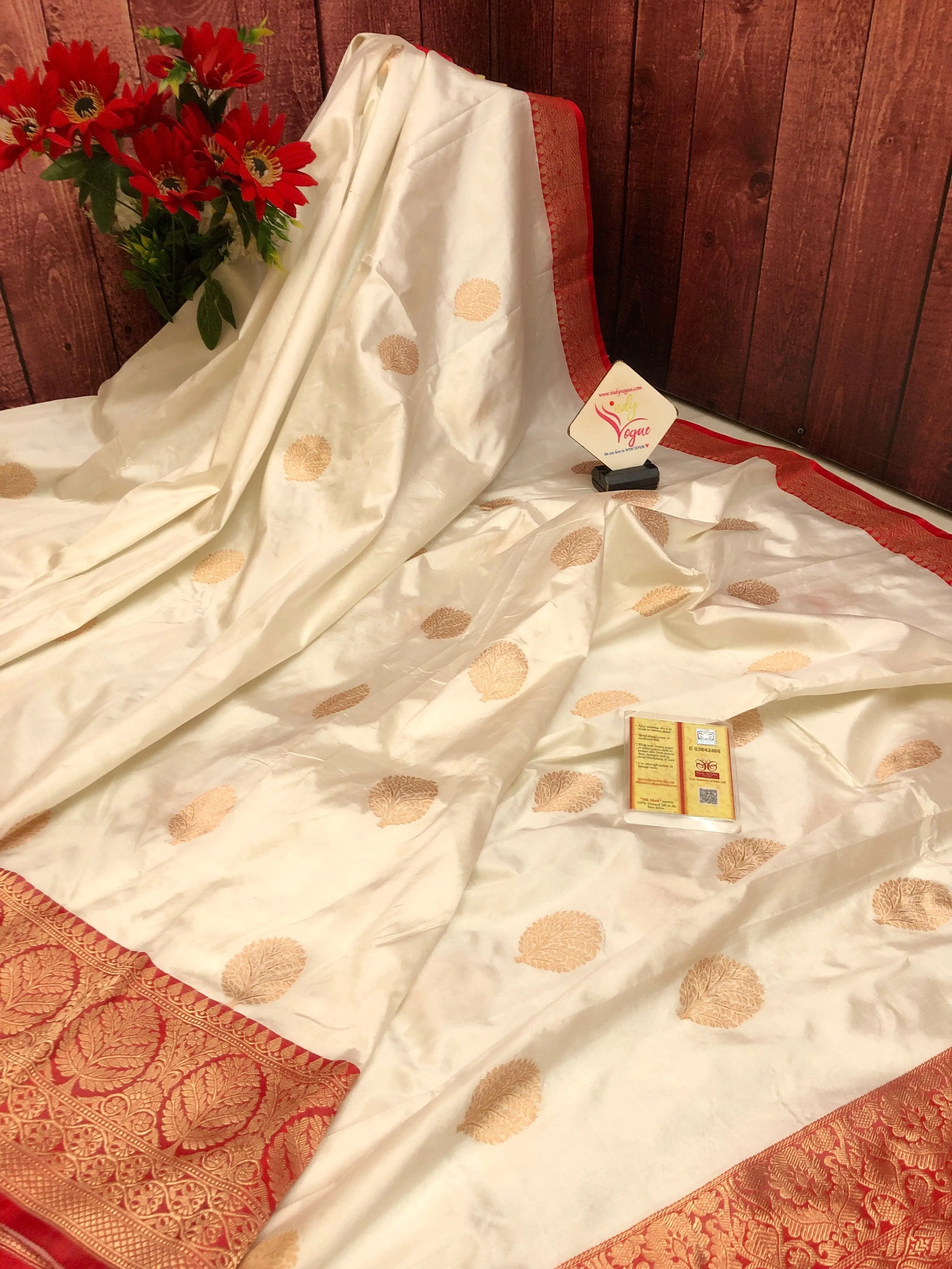 Milk White Color Pure Katan Banarasi Silk Saree