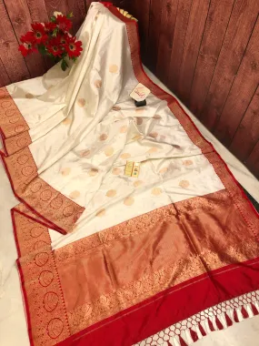 Milk White Color Pure Katan Banarasi Silk Saree