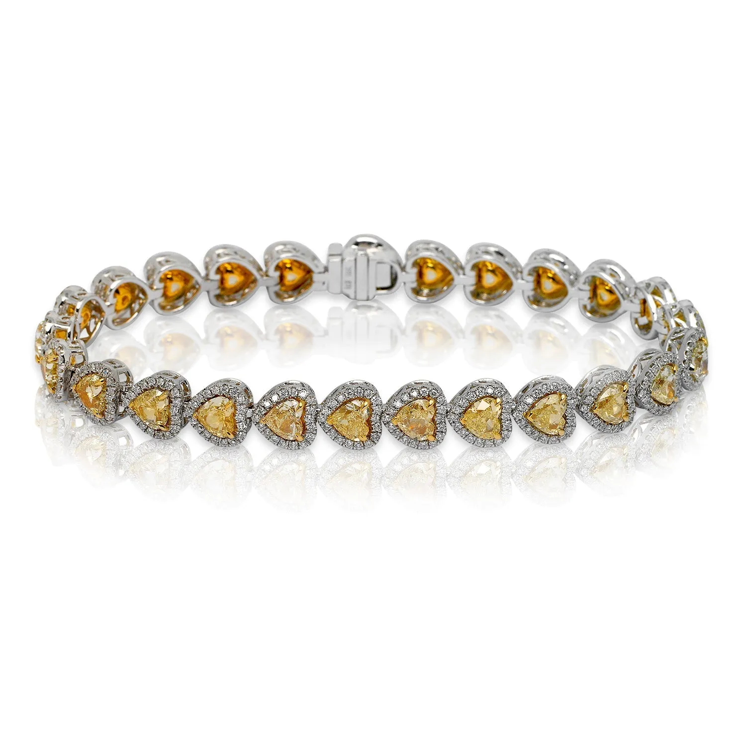 MIRZA 13 Carat Fancy Yellow Heart Shape Inline Halo Diamond Tennis Bracelet in 18K White Gold By Mike Nekta NYC